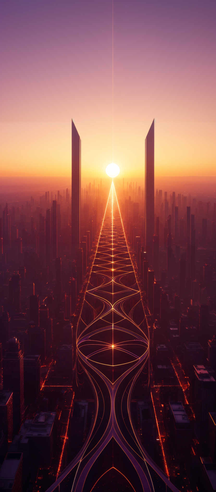 The image showcases a breathtaking view of a futuristic city during sunset. The sky is painted in hues of purple and orange, with the sun setting in the distance, casting a golden glow. The city is densely packed with tall skyscrapers, some of which have unique and sharp designs. In the foreground, there's a massive, intricate network of roads and highways that converge towards the sun, creating a stunning visual effect. The interplay of light and shadow, combined with the vibrant colors, gives the image a surreal and dreamy ambiance.