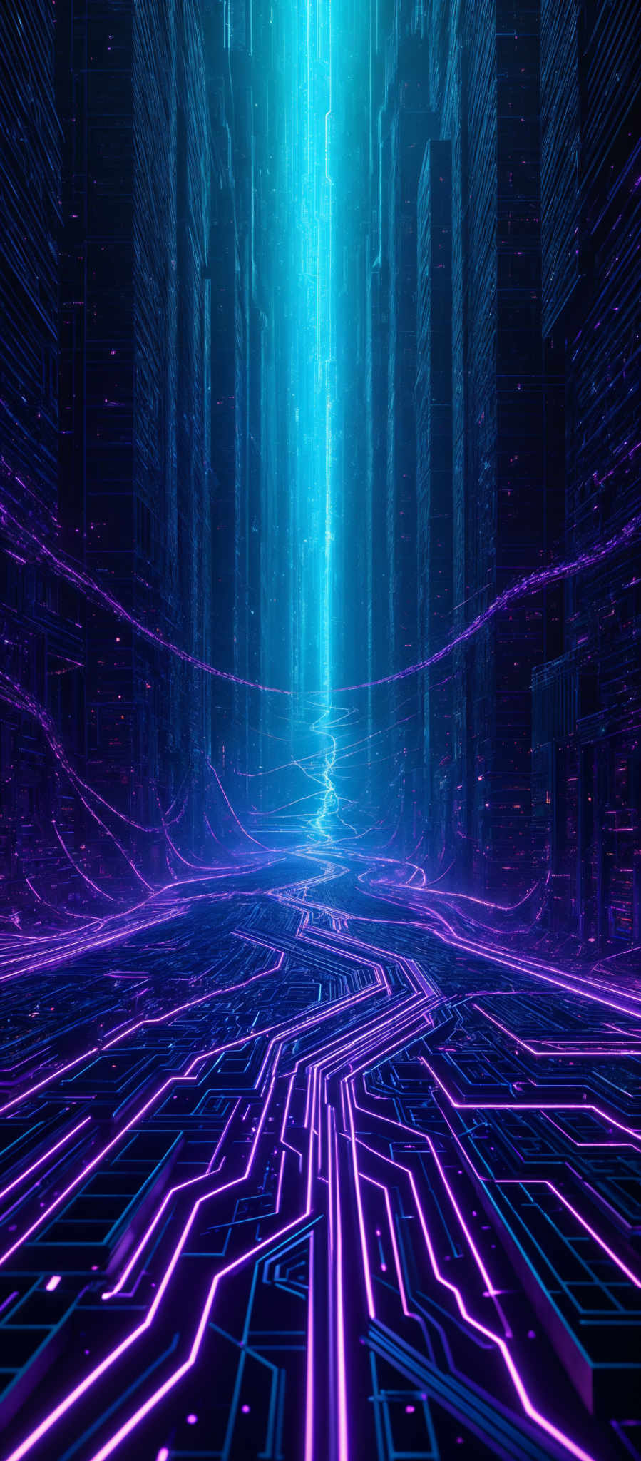 The image showcases a futuristic, digital landscape. Dominated by deep blues and purples, the scene is illuminated by a bright vertical light source at the center. This light casts a radiant glow, highlighting the intricate network of neon-colored lines and patterns that form the ground. These lines appear to be a combination of circuitry and pathways, reminiscent of a digital circuit board or a network of interconnected nodes. The overall ambiance is one of advanced technology, possibly representing a digital realm or a high-tech cityscape.