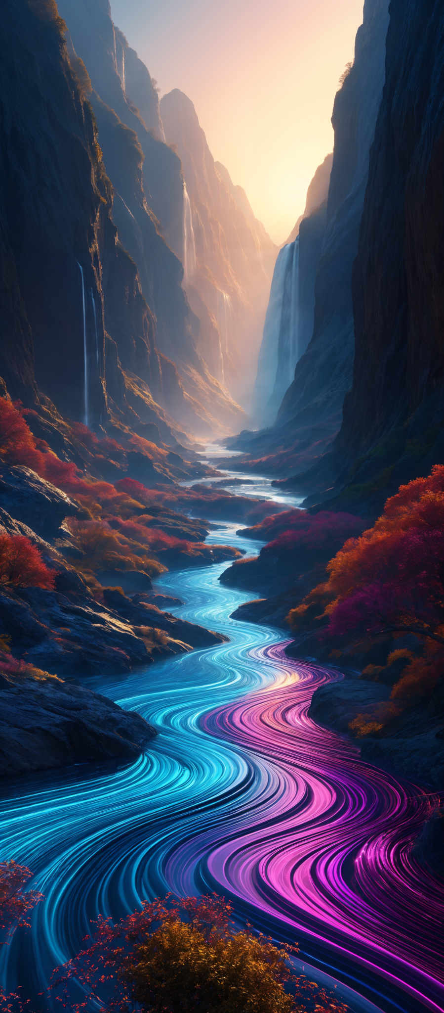 The image showcases a breathtaking landscape with a winding river that has vibrant, swirling colors of blue, purple, and pink. The river flows through a valley surrounded by towering cliffs and waterfalls. The cliffs are illuminated by a soft, golden light, possibly from the setting or rising sun, casting a warm glow over the entire scene. The ground is adorned with trees displaying autumnal colors, ranging from fiery reds to deep oranges. The sky above is clear, allowing the sun's rays to shine brightly, further enhancing the beauty of the landscape.