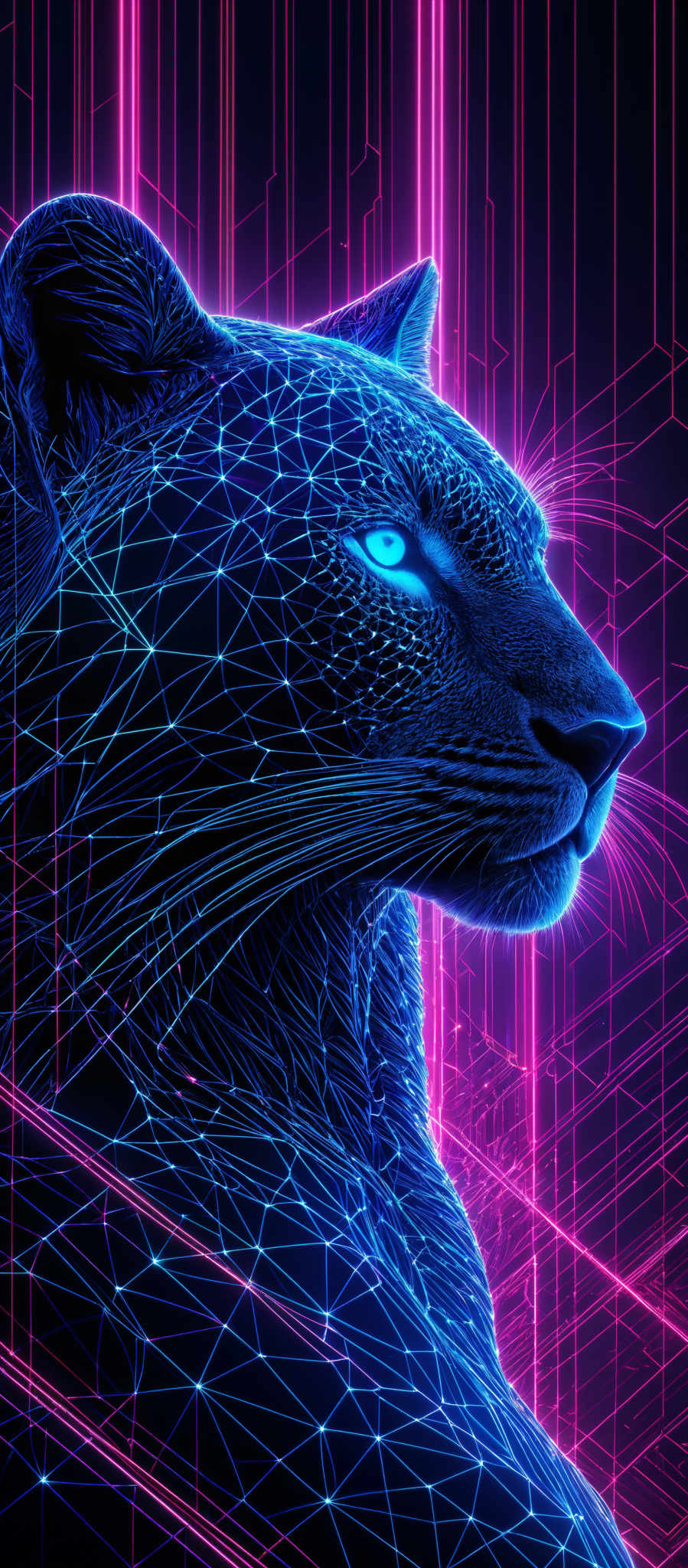 The image showcases a digital representation of a leopard's head. The leopARD is depicted in a side profile, with its face illuminated in a vibrant blue hue. The animal's fur is intricately detailed with a network of blue lines and dots, giving it a digital, wireframe appearance. The background consists of vertical pink and blue lines, creating a neon-like aesthetic. The overall image gives off a futuristic, cyberpunk vibe.