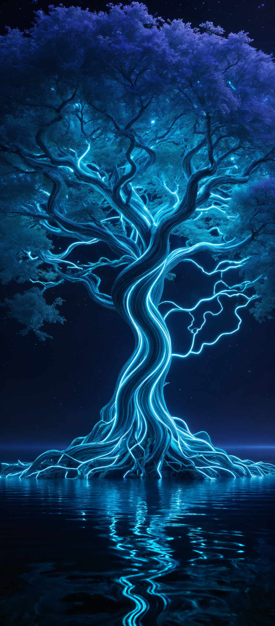 The image showcases a vibrant and intricate tree with glowing blue and neon-like tendrils and roots. The tree's canopy is adorned with shades of purple, giving it a mystical and ethereal appearance. The roots of the tree are prominently displayed, intertwined and extending into the water below, which reflects the tree' and its vibrants colors. The background is a deep blue, reminiscent of a night sky, dotted with tiny white specks that could be interpreted as stars.