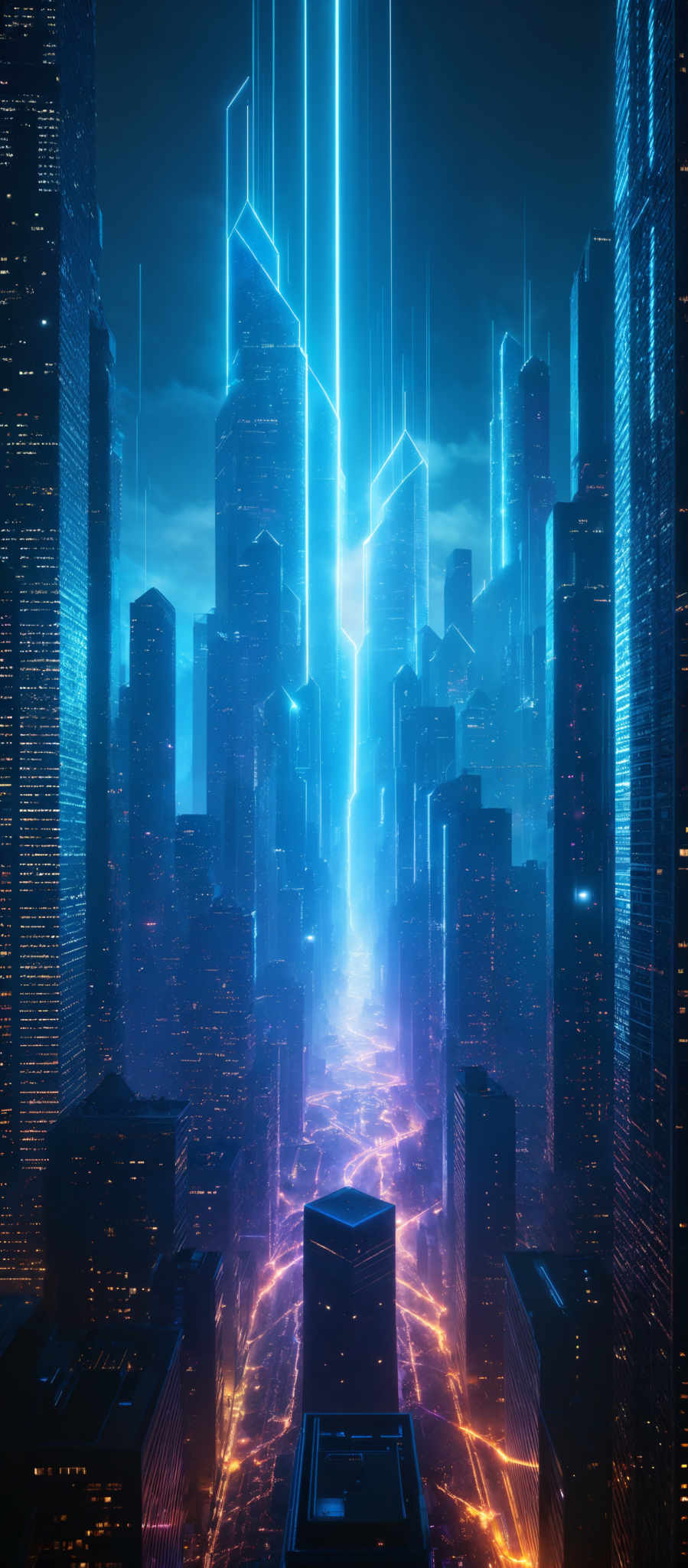 The image showcases a futuristic cityscape at night. The dominant colors are shades of blue and purple, giving the city a serene and ethereal glow. The buildings are tall and modern, with some of them emitting bright blue and pink neon lights. These lights create intricate patterns and designs on the buildings. The skyline is dotted with numerous skyscrapers, and the city appears to be bustling with activity, as suggested by the numerous lights illuminating the streets below.