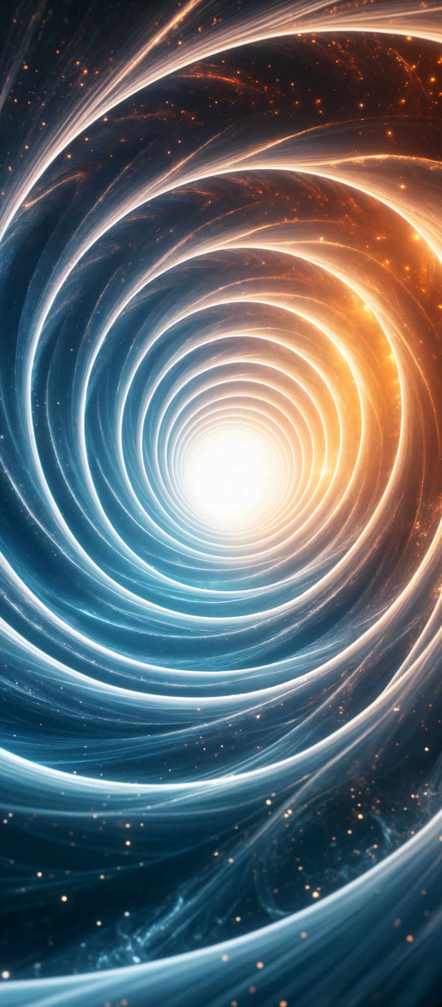 The image showcases a mesmerizing cosmic scene with swirling patterns of light. The dominant colors are deep blues, vibrant oranges, and hints of white. The swirls are reminiscent of a wormhole or a vortex, spiraling inwards towards a bright, central point. The background is dotted with numerous stars, adding to the depth and vastness of the cosmos.