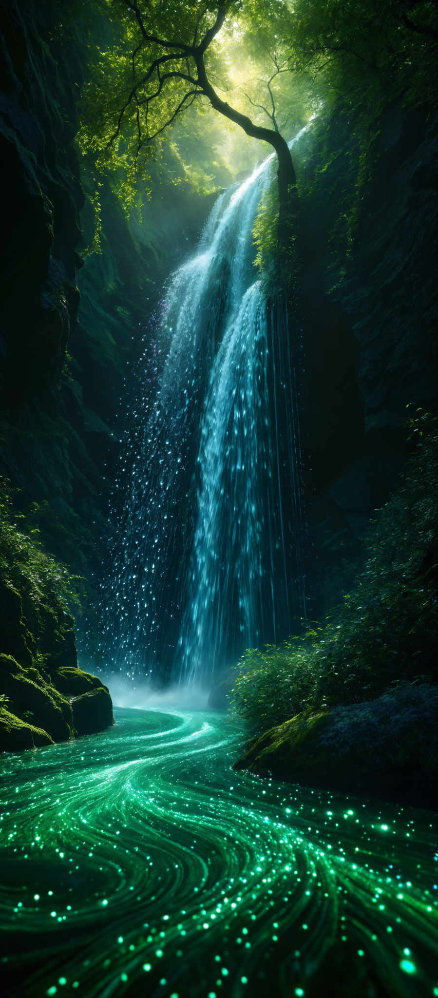 The image showcases a serene natural setting with a waterfall cascading down a rocky cliff surrounded by lush green vegetation. Sunlight filters through the trees above, casting a soft glow on the scene. The waterfall splashes into a pool below, creating a shimmering effect with glowing green lights that seem to be emanating from the water. The pool reflects the surrounding greenery and the waterfall, creating an ethereal and magical ambiance.