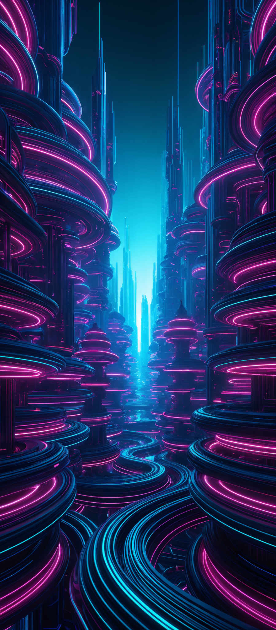 The image showcases a futuristic cityscape with towering skyscrapers. The dominant colors are shades of blue and neon pink. The buildings are intricately designed with layered, circular platforms that glow with neon lights. The architecture appears to be advanced, with sleek designs and tall spires reaching into the sky. The overall ambiance is reminiscent of a cyberpunk or sci-fi setting.