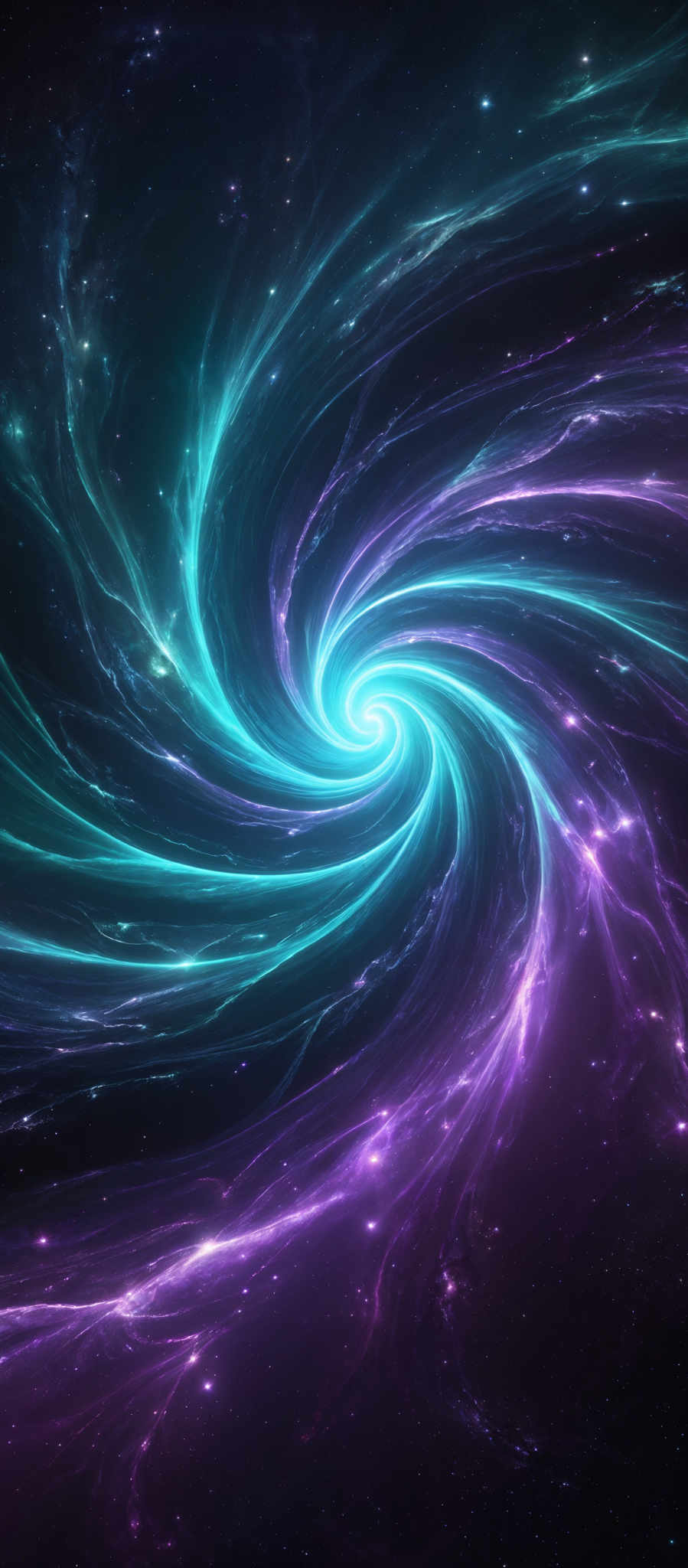 The image showcases a mesmerizing cosmic scene with swirling patterns of vibrant colors. Dominating the center is a bright, white, spiraling nucleus, reminiscent of a galaxy or a nebula. Surrounding this nucleus are swirled tendrils of blue, teal, and purple, giving the impression of cosmic energy or matter being drawn into the center. The background is dotted with numerous distant stars, adding depth and dimension to the scene.