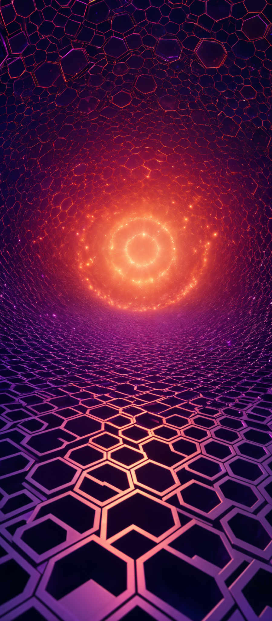 The image showcases a vibrant and mesmerizing digital artwork. It predominantly features hues of purple, pink, and orange. The central theme is a hexagonal pattern that seems to be floating or extending outwards, creating a sense of depth and perspective. The hexagons are interconnected, forming a kind of honeycomb structure. Above the hexagones, there's a radiant glow, possibly representing a light source or a celestial body, which casts a warm orange hue over the entire scene. The bottom of the image has a hexagon-patterned floor that seems reflective, adding to the overall depth and three-dimensional feel of the artwork