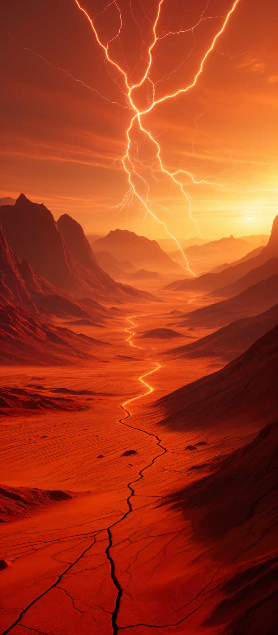 The image showcases a vast desert landscape during what appears to be sunset or sunrise. The dominant colors are warm hues of orange, red, and a touch of yellow. The sky is painted with a gradient of these colors, transitioning from a deep orange near the horizon to a lighter shade as it ascends. A striking feature is the lightning bolt that branches out, striking multiple directions. This bolt is bright, with a vibrant white color contrasting against the warm backdrop. The ground is a mix of dark and light patterns, possibly indicating the presence of water or shadows. There are also mountain ranges in the distance, silhouetted against the sky.