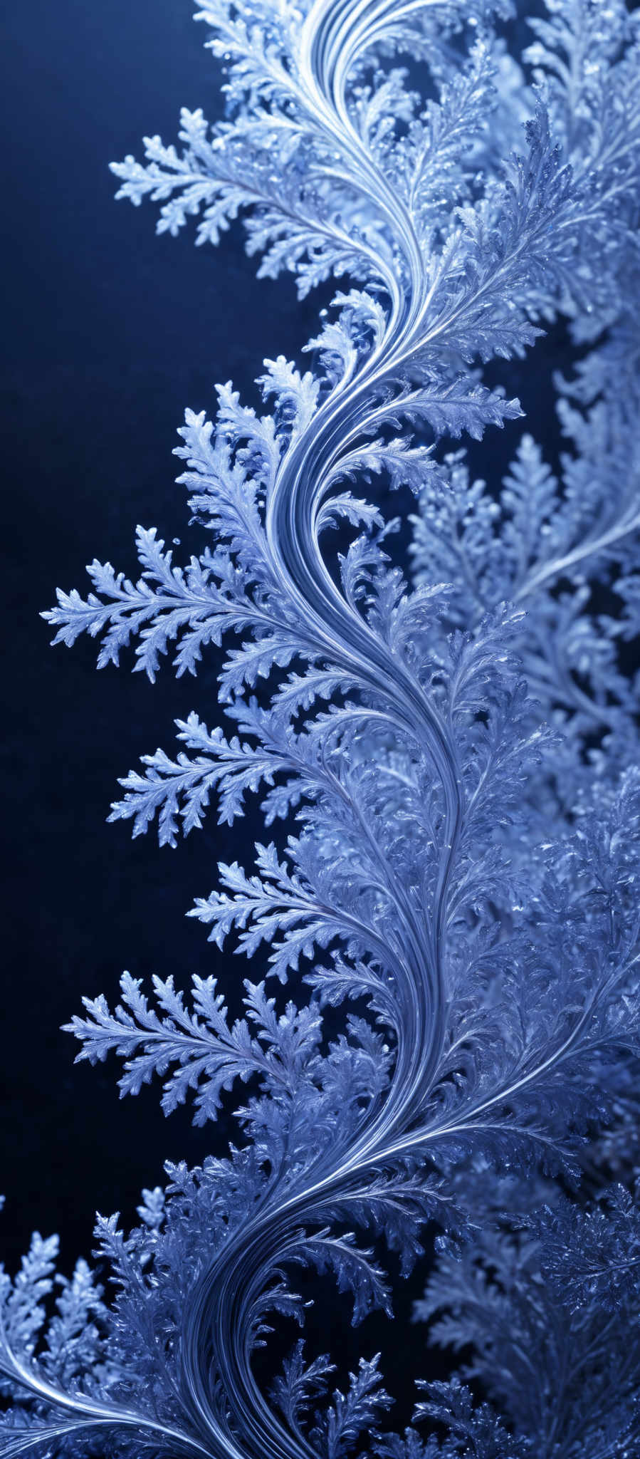 The image showcases intricate, feathery structures that are predominantly in shades of blue. These structures resemble frost formations or crystalline growths, with branches and tendrils extending outwards. The overall shape is reminiscent of ornate, frozen plants or coral formations, with each branch having multiple pointed tips, giving it a feathertail appearance.