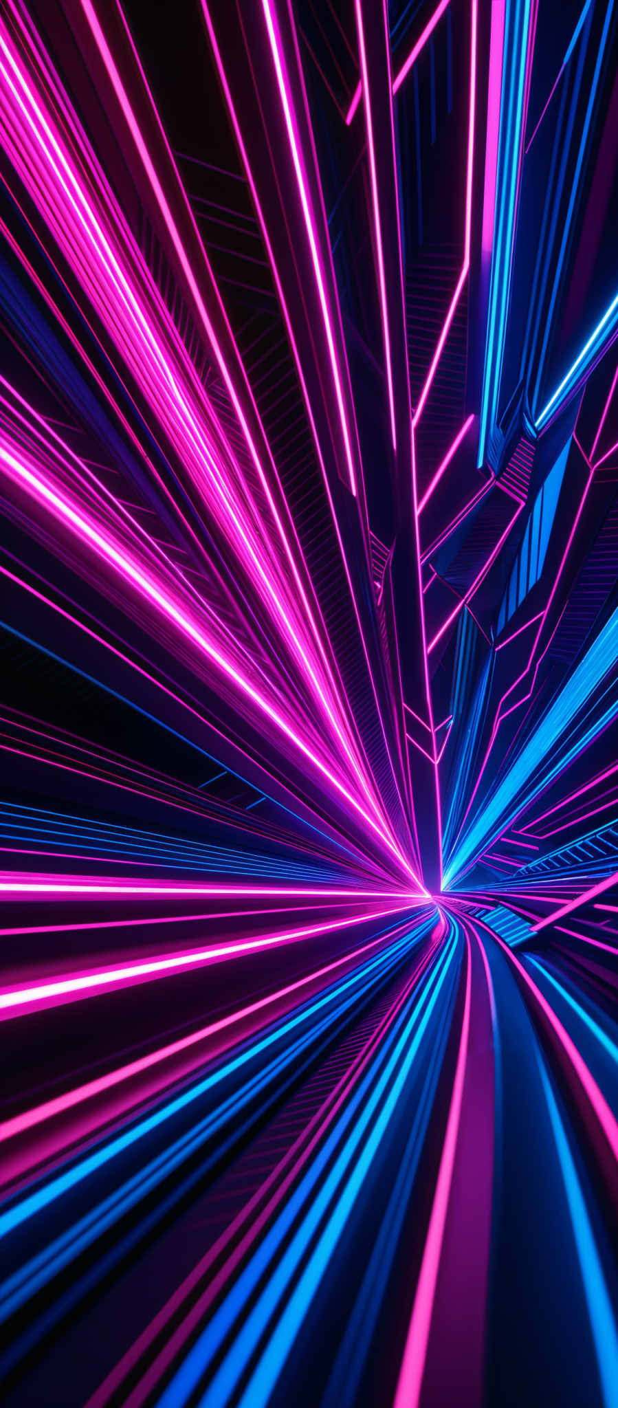 The image showcases a vibrant and dynamic digital artwork. It predominantly features neon colors, with hues of pink, blue, and purple. The shapes are primarily geometric, with a focus on lines and curves that converge towards a central point. The design gives an impression of a high-speed journey or a digital portal, with the lines representing motion or energy.