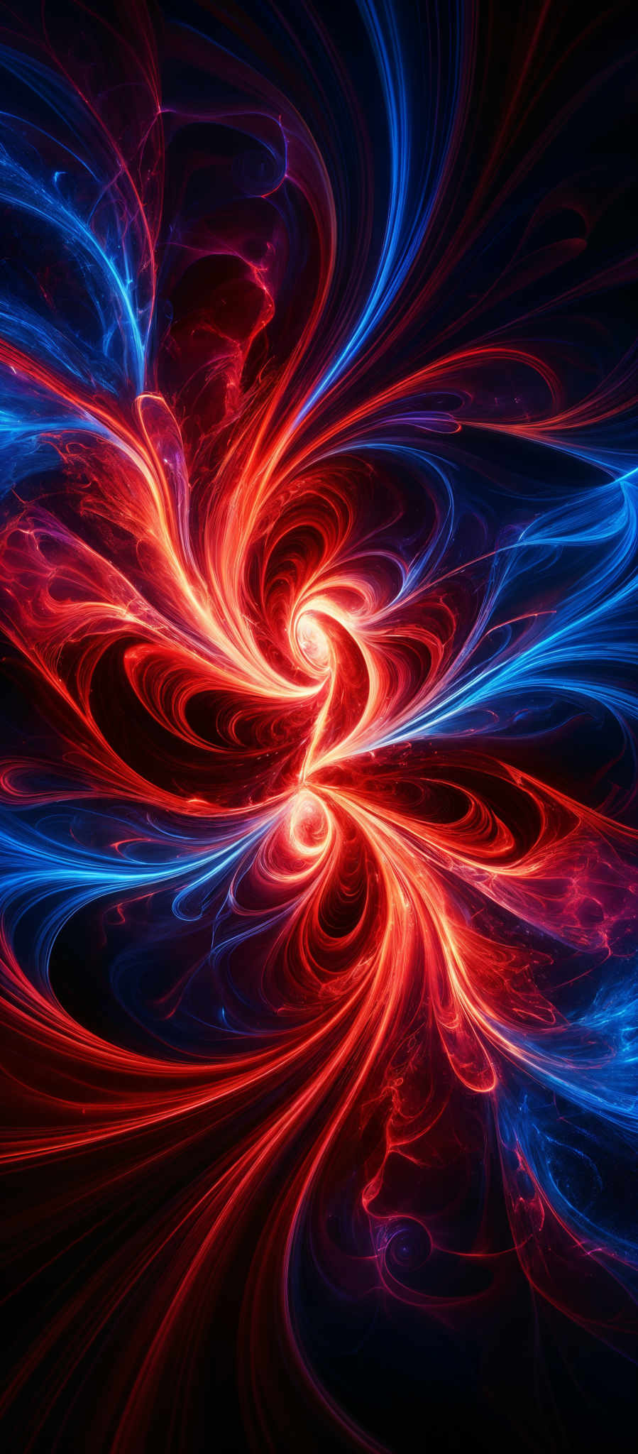 The image showcases a vibrant and dynamic fractal pattern. It predominantly features swirling patterns of red, blue, and white. The red and blue hues intertwine and overlap, creating a mesmerizing effect. The white, on the other hand, appears as bright, almost ethereal streaks that contrast with the dark background. The overall shape is reminiscent of a vortex or whirlpool, with the colors spiraling inwards and outwards in a harmonious dance.