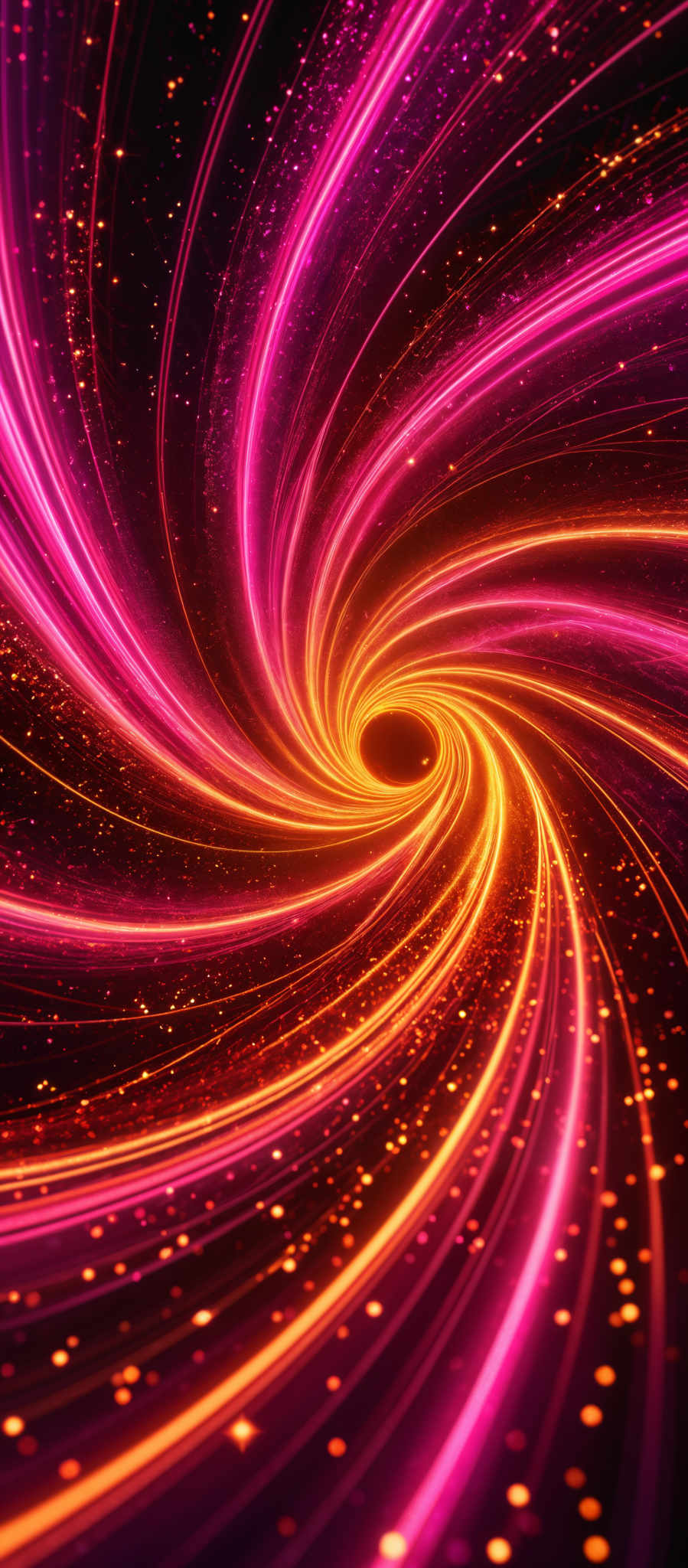 The image showcases a vibrant and dynamic swirl of colors. The dominant colors are shades of pink, purple, and orange, creating a mesmerizing effect. The shape is reminiscent of a vortex or whirlpool, with the colors spiraling inwards towards a central point. The background is dark, which accentuates the brightness and vibrancy of the swirling patterns.