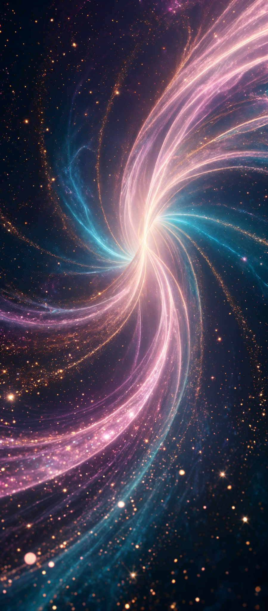 The image showcases a mesmerizing cosmic scene with swirling patterns of vibrant colors. The dominant colors are shades of blue, pink, and gold. The swirls appear to be spiraling galaxies or nebulae, with golden dots possibly representing stars. The overall shape is reminiscent of a vortex or wormhole, drawing everything into its center.