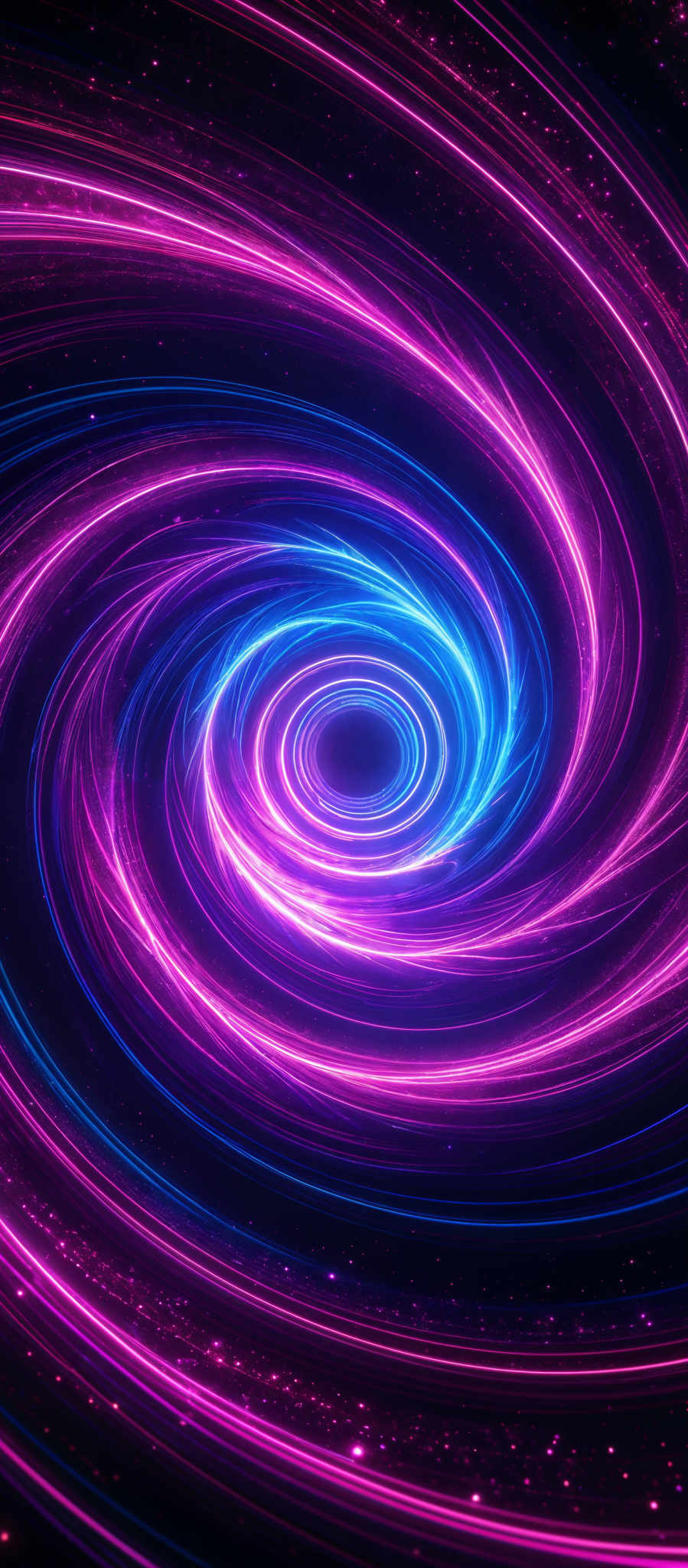 The image showcases a vibrant and mesmerizing swirl of colors. The dominant colors are shades of purple, pink, and blue. The swirl appears to be a vortex or a whirlpool, spiraling inwards, reminiscent of a galaxy or a nebula. The intricate patterns and the gradient of colors give it a dynamic and energetic feel.