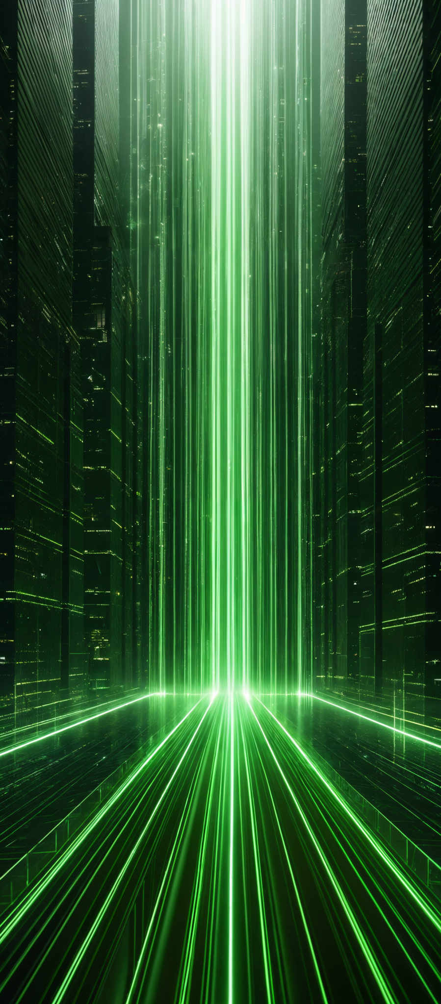 The image showcases a futuristic cityscape with tall, dark buildings on either side. The central focus is a bright, vertical beam of light that emanates from the center and extends outward, creating a pathway. This pathway is lined with bright, glowing green lines that seem to represent data streams or pathways. The overall color palette is dominated by dark shades with bursts of bright green, giving the image a cyberpunk or digital ambiance.