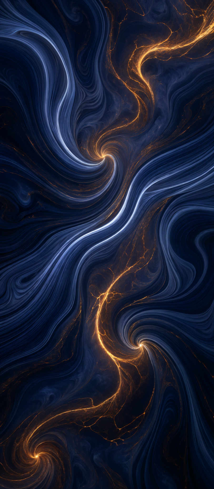 The image showcases a mesmerizing interplay of dark blue and fiery orange swirls. The dark blue swirls have a fluid, wavy pattern, reminiscent of flowing water or marbled stone. In contrast, the fiery oranges emanate a sense of energy and warmth, resembling molten lava or glowing embers. The swirls intertwine and overlap, creating a dynamic and captivating visual effect.