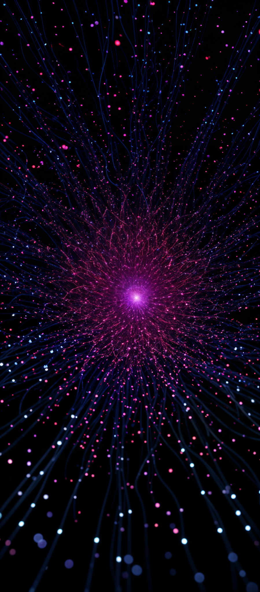 The image showcases a vibrant and dynamic visualization. It predominantly features a central explosion of pink and purple hues, radiating outward in a burst pattern. Surrounding this central explosive are numerous blue tendrils or lines that seem to emanate from the center, spreading outwards in all directions. These tendrills are interspersed with small, glowing dots of pinks, purples, and blues, giving the impression of a cosmic or digital explosion. The background is dark, which accentuates the brightness and vibrancy of the central and surrounding elements.