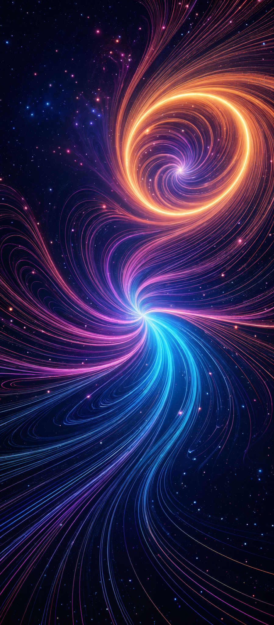 The image showcases a vibrant and mesmerizing cosmic scene. It features swirling patterns of vivid colors, predominantly shades of blue, purple, and orange. These swirls resemble galaxies or nebulae, with the central regions emanating a bright, glowing light. The background is dotted with numerous stars, adding depth and dimension to the cosmic display.