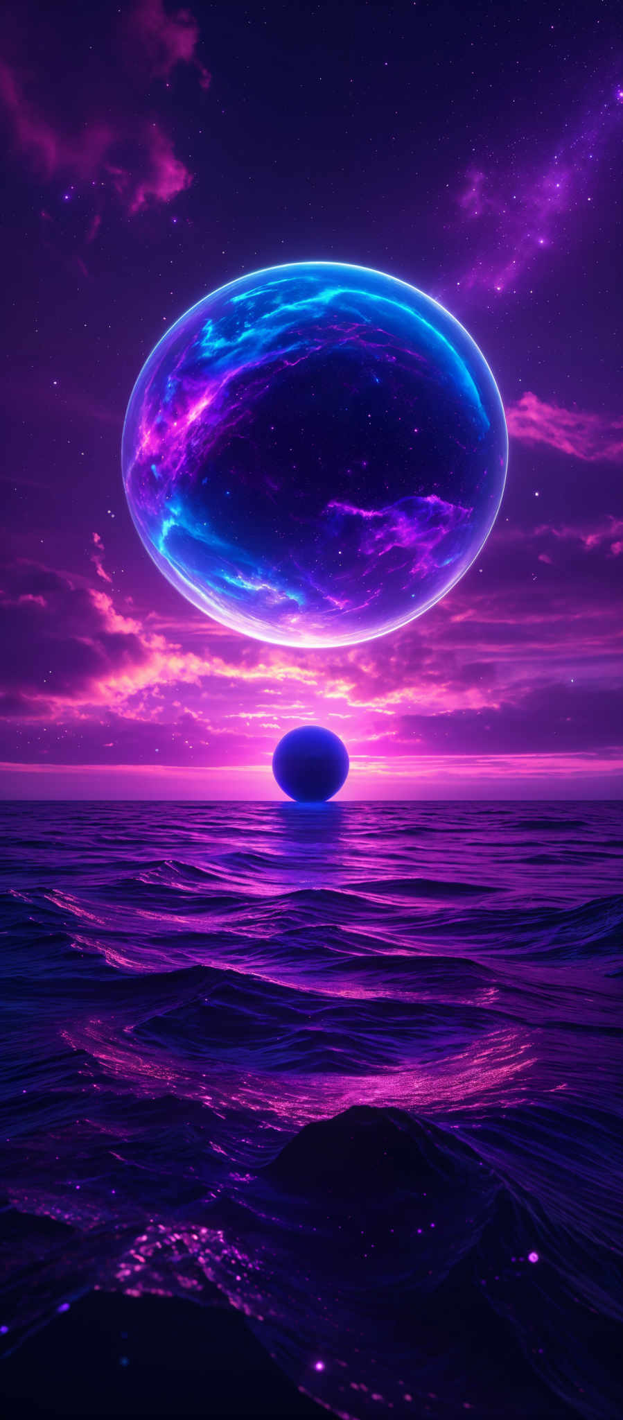 The image showcases a vibrant and surreal landscape. Dominating the scene is a large, translucent, elliptical orb that appears to be suspended in the air. This orb is a mesmerizing blend of deep blues, purples, and hints of pink, giving it an ethereal glow. Below this orb, there's a smaller, similar orb, but it's more subdued in color. The horizon reveals a vast expanse of water, reflecting the hues of the sky. The sky itself is a breathtaking blend, transitioning from deep purples and blues at the top to a fiery pink and orange near the horizon