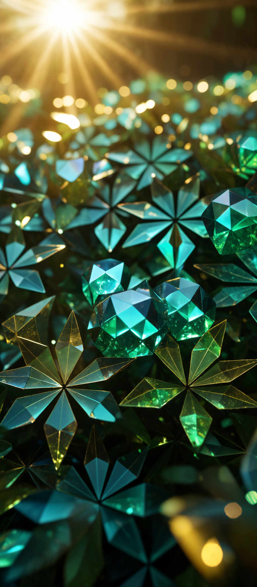 The image showcases a myriad of teal and green crystalline structures that resemble flowers or leaves. These structures are intricately designed with sharp edges and facets, reflecting light in a way that gives them a shimmering appearance. The background is filled with a golden hue, possibly from a light source, which casts a warm glow over the crystals, enhancing their luminescence.