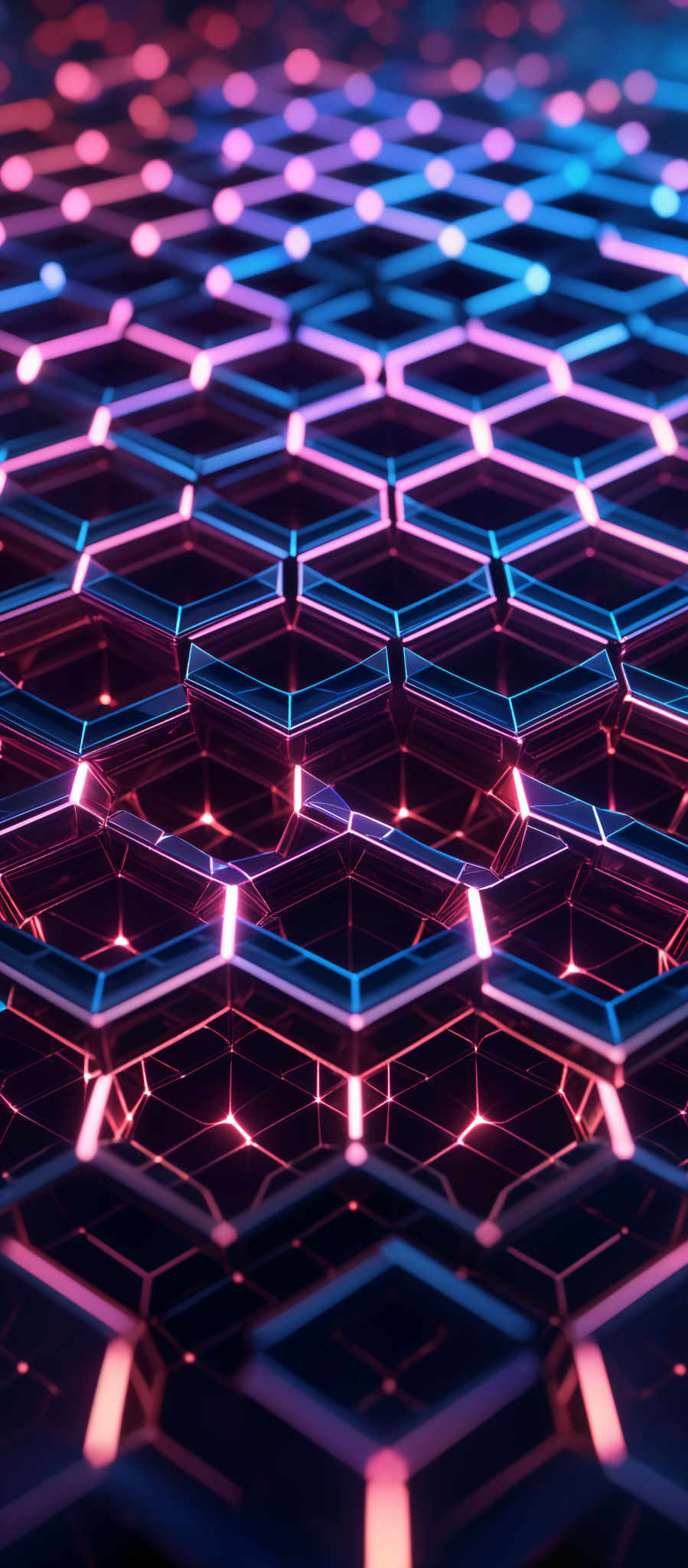 The image showcases a 3D hexagonal pattern. The hexagons are interconnected, forming a mesh-like structure. The colors are predominantly shades of blue and pink, with neon-like glows highlighting the edges of the hexagones. The overall design gives a futuristic and tech-inspired vibe.