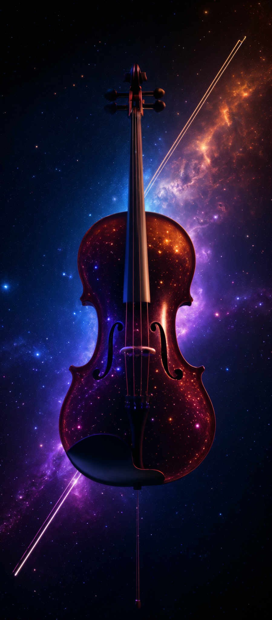 The image showcases a violin, which is prominently displayed against a cosmic backdrop. The violin itself is intricately designed, with a shimmering, galaxy-like pattern on its body. The colors are a vibrant mix of deep blues, purples, and fiery oranges and reds, reminiscent of a nebula or a distant galaxy. The background is filled with stars, and there are two light beams, possibly representing light rays or cosmic energy, intersecting near the violin.