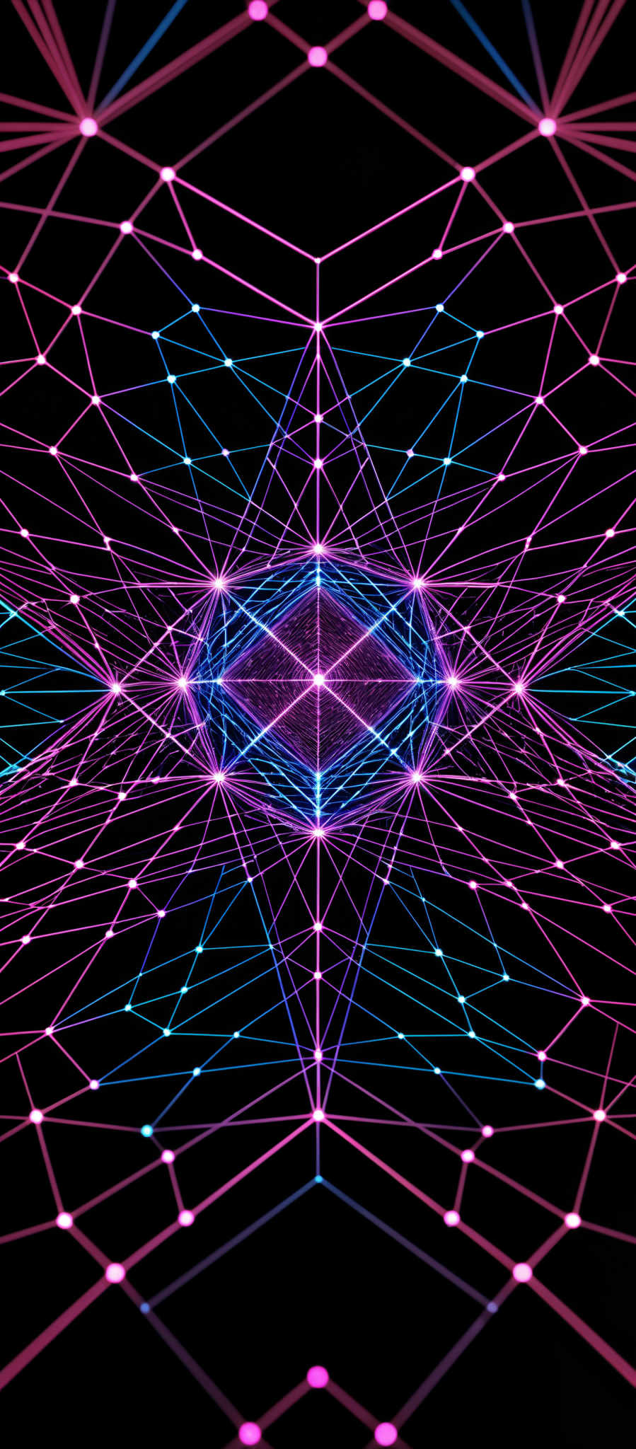 The image showcases a vibrant digital artwork with a symmetrical design. It predominantly features neon colors, including shades of pink, blue, and purple. The artwork consists of interconnected lines forming a network of triangles and diamond shapes, creating a sense of depth and perspective. The central region of the image has a more intricate design with a star-like pattern, surrounded by a series of connected dots.