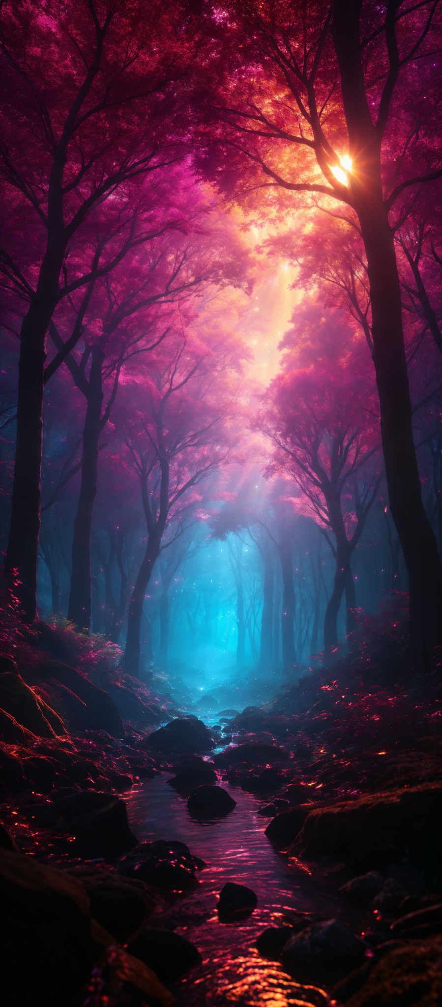 The image showcases a breathtaking forest scene during what appears to be either dawn or dusk. The dominant colors are shades of pink, purple, and blue, creating a dreamy and ethereal atmosphere. The trees have a tall and slender shape, with their branches reaching out in various directions. The ground is covered with moss-covered rocks and fallen leaves, and there's a gentle stream flowing through the forest, reflecting the colors of the sky. The sky itself is a mix of pinks, purples, and blues, with a few bright spots that could be interpreted as stars or distant lights.