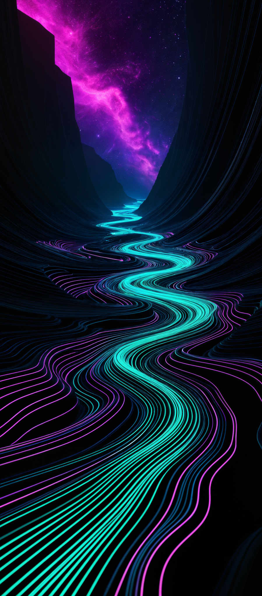 The image showcases a vibrant and mesmerizing scene. The foreground features intricate, winding neon-like lines in shades of blue and pink, creating an optical illusion of flowing water or a river. These lines are set against a dark, almost black background, which accentuates their luminescence. The background reveals a vast, curved space with towering cliffs or mountains on either side. Above, there's a breathtaking view of a nebulous, pink and purple sky filled with stars, giving the impression of a distant galaxy or cosmic event.