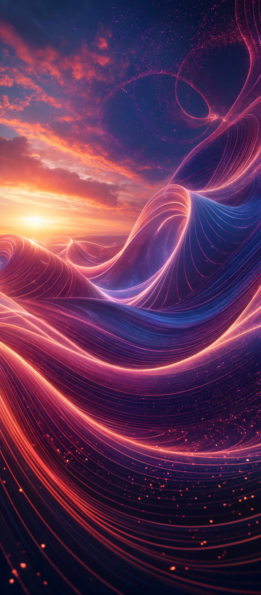 The image showcases a mesmerizing landscape with swirling patterns of vibrant colors. The dominant colors are shades of purple, blue, and orange, creating a surreal and dreamy atmosphere. The swirls are intricate and flowing, reminiscent of waves or fluid dynamics. The horizon reveals a sunset or sunrise, casting a warm orange glow over the scene. The sky is painted with hues of pink, purple and blue, with scattered clouds adding depth to the scene, and a few bright specks that could be interpreted as stars or distant galaxies.