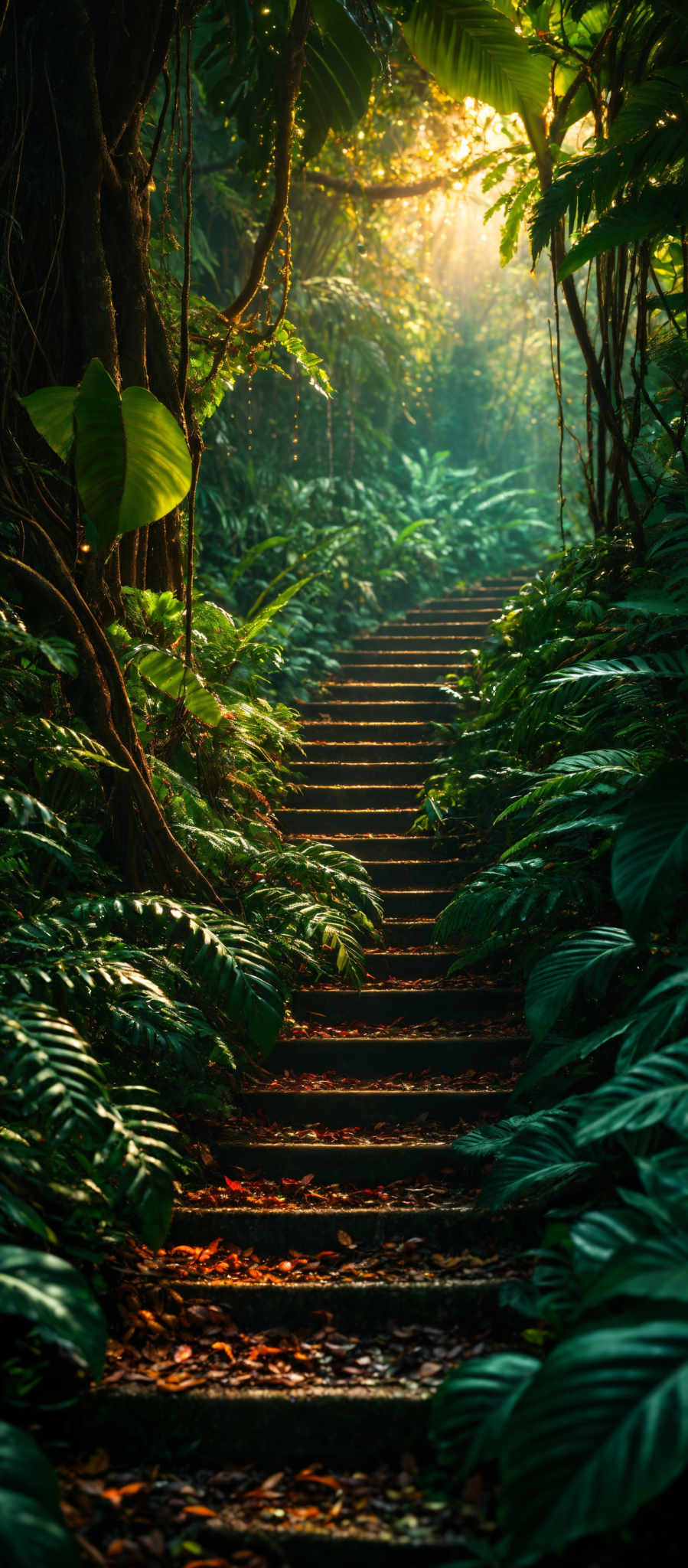 The image showcases a lush, verdant forest with a variety of green hues ranging from deep forest green to light lime green. The scene is dominated by large, broad leaves, some of which are overlapping, creating a dense canopy overhead. The forest floor is covered with fallen leaves, giving it a rustic appearance. A series of stone steps lead through the forest, suggesting a pathway or a trail. The sunlight filtering through the trees casts a warm, golden glow, illuminating the scene and creating a serene, almost magical atmosphere.