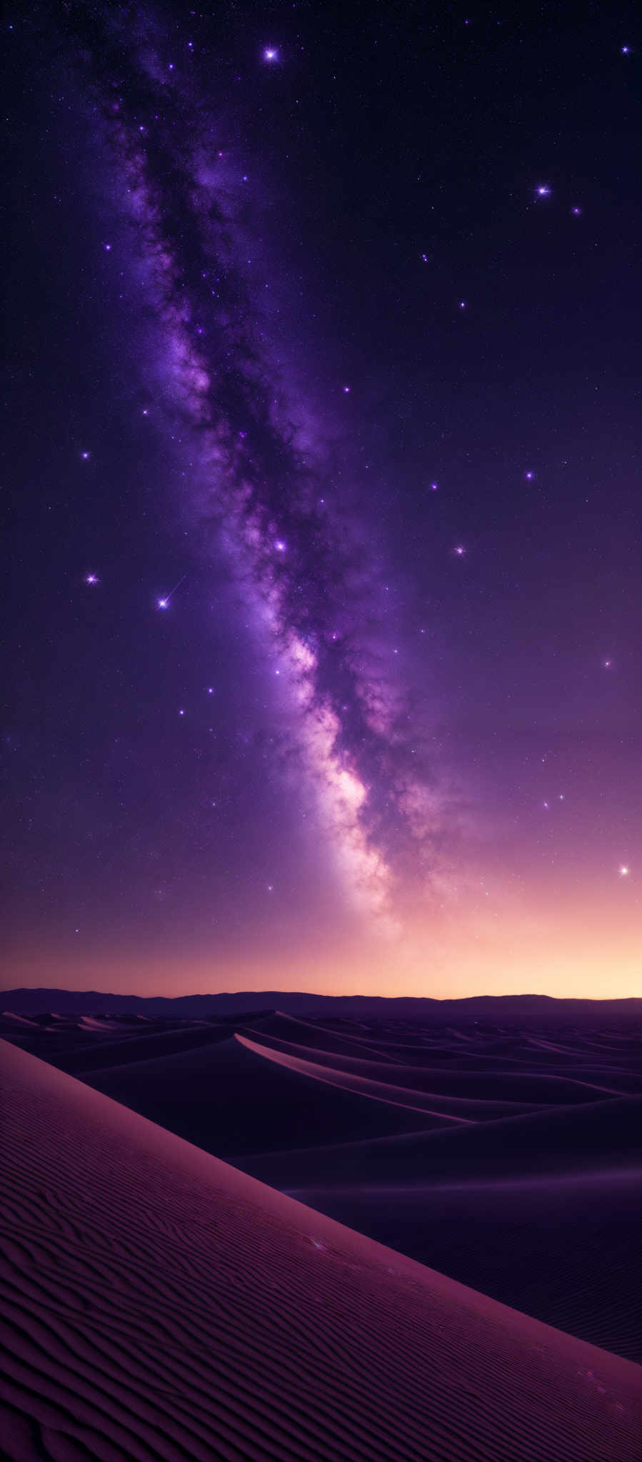 The image showcases a vast expanse of a desert landscape with undulating sand dunes. The sky above is a deep purple hue, transitioning to a lighter shade near the horizon. The Milky Way galaxy stretches across the sky, displaying a brilliant display of stars, with the galaxy's dense core emitting a soft pinkish glow. The dunes have a wavy pattern, likely created by the wind, and are bathed in a soft, ethereal light, highlighting their ridges and contours.