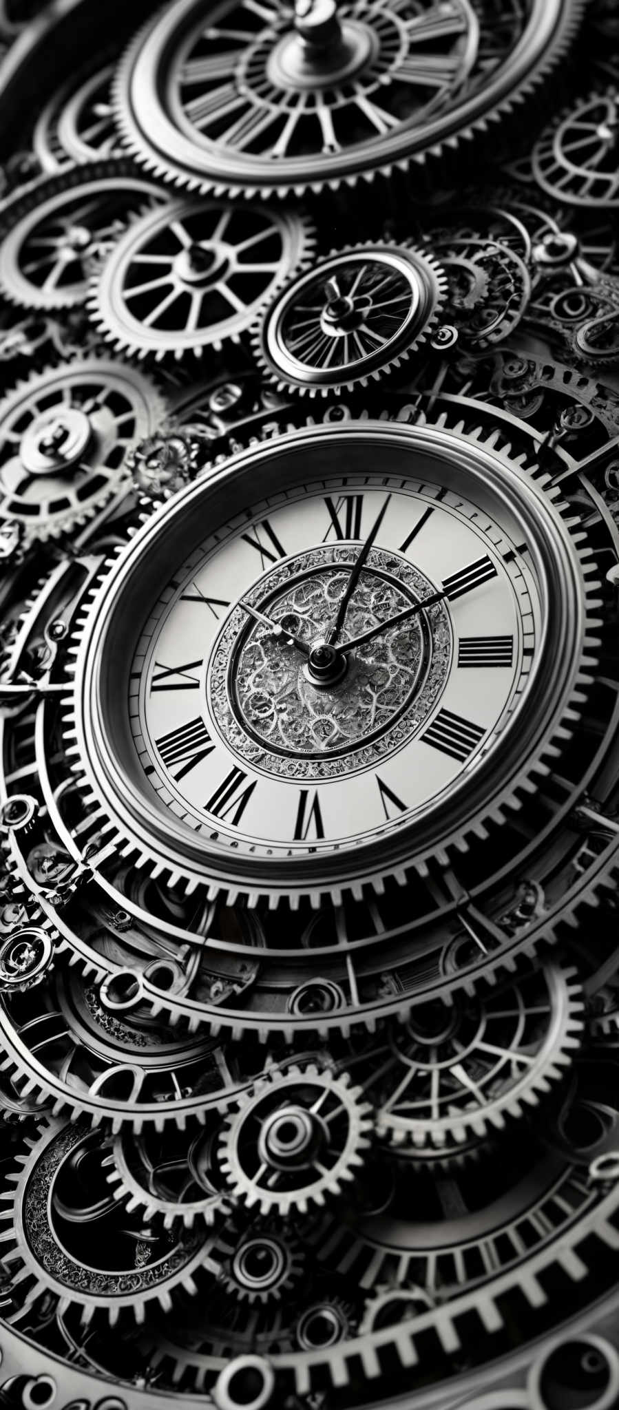 The image predominantly features shades of black, white, and gray. It showcases intricate mechanical gears, cogs, and wheels, forming a complex machinery. The centerpiece is a round clock with Roman numerals, a detailed face, and an ornate design around the clock's perimeter. The clock' hands are pointing at approximately 10:10. The entire composition gives a sense of precision, complexity, and the passage of time.