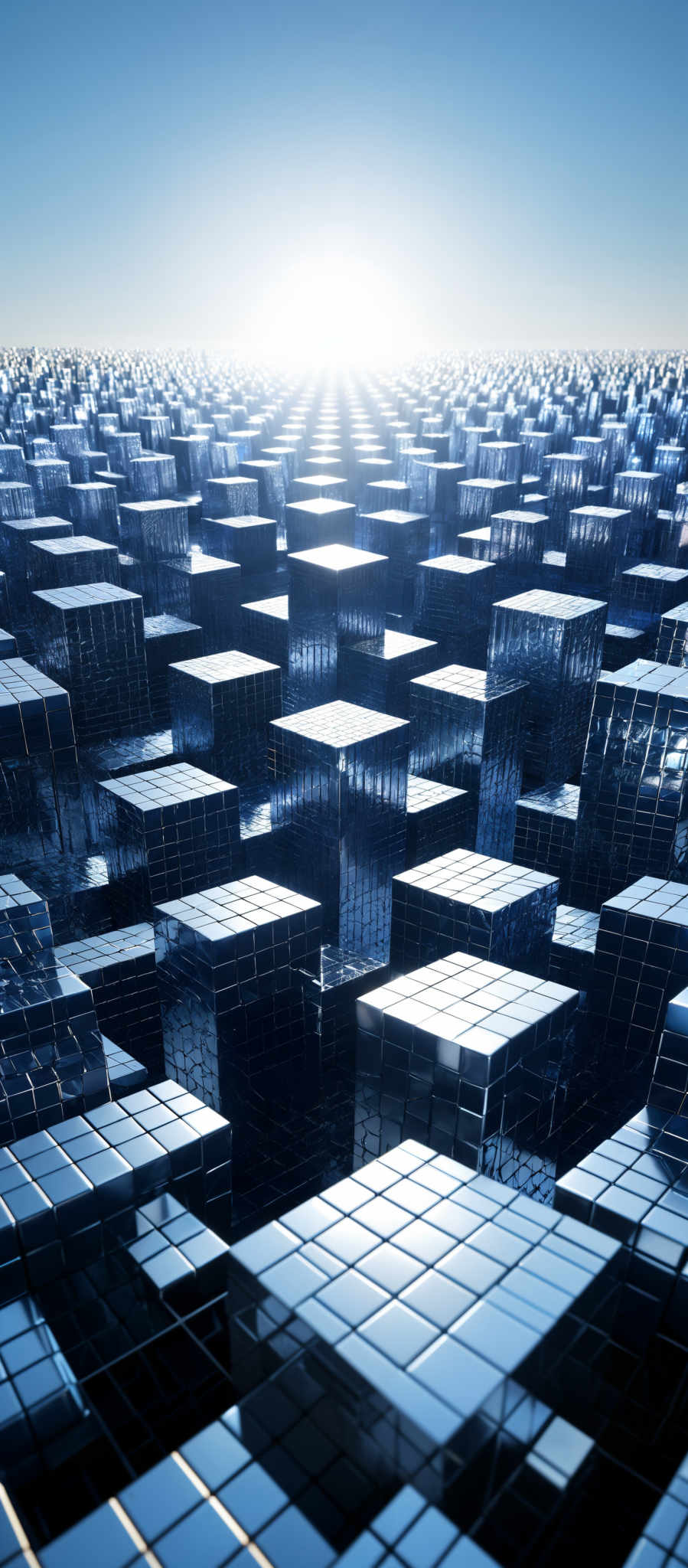 The image showcases a vast expanse of 3D cubes, each reflecting a metallic blue hue. The cubes are arranged in an intricate pattern, creating a sense of depth and perspective. The sky above is clear with a bright sun shining, casting a radiant glow over the scene. The reflection of the sun on the cubes adds to the overall luminosity of the image, creating an ethereal and futuristic ambiance.