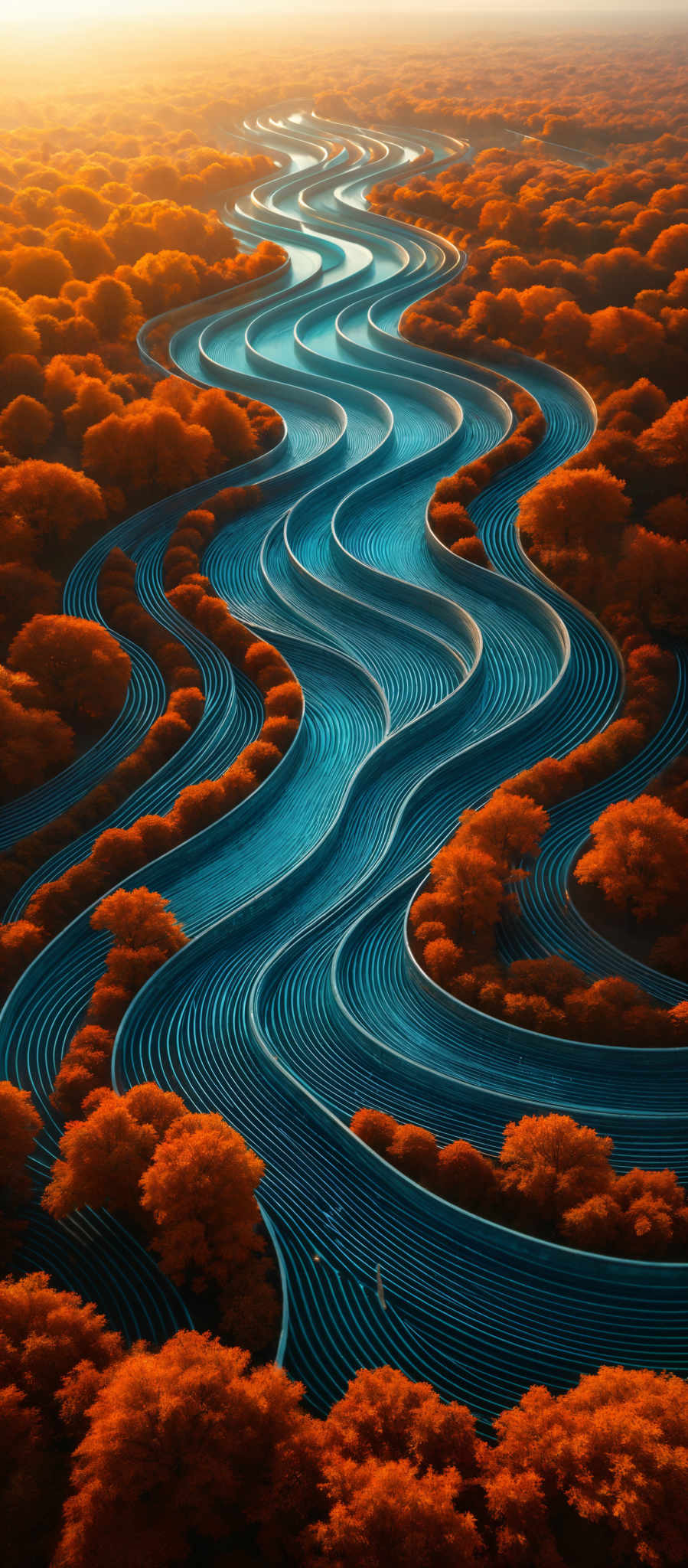 The image showcases a breathtaking aerial view of a series of winding blue rivers or waterways that meander through a vast expanse of vibrant orange-red forests. The waterways are intricately designed with multiple layers, creating a mesmerizing pattern that contrasts beautifully with the dense forest below. The sun casts a warm, golden hue over the entire landscape, highlighting the serene beauty of nature.