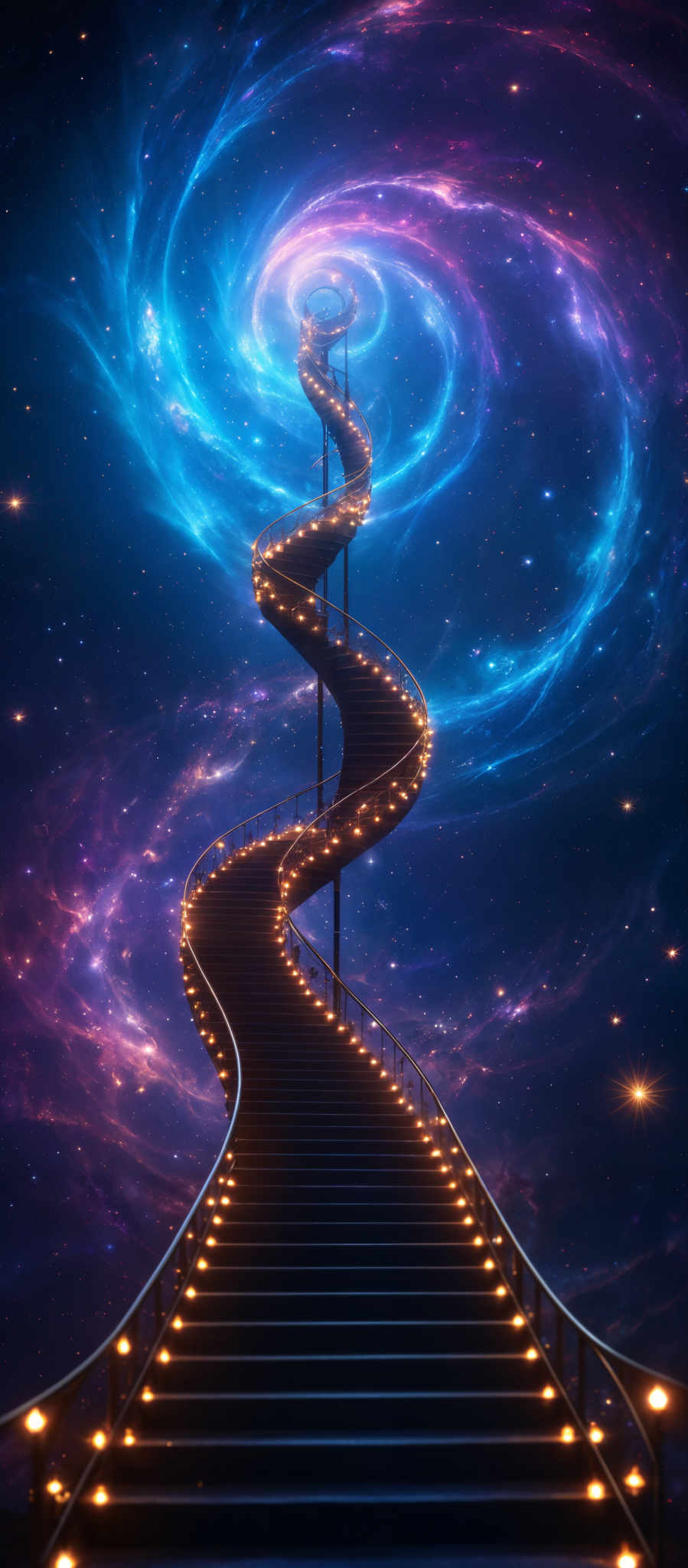 The image showcases a spiraling staircase that ascends towards a swirling vortex of vibrant colors, predominantly shades of blue, purple, and pink. The staircases are illuminated by a series of glowing orbs that line its path. The background is filled with a cosmic, nebulous display of stars and galaxies, creating an ethereal and dreamlike atmosphere.