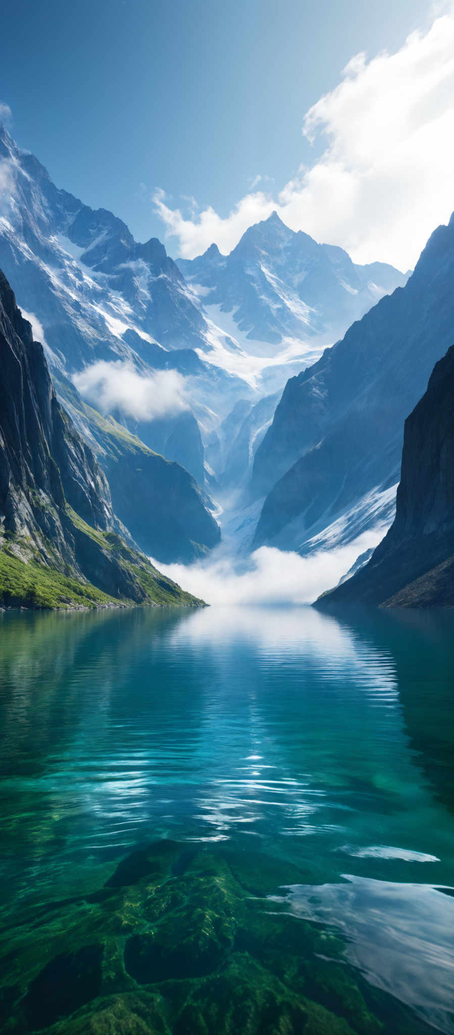 The image showcases a breathtaking landscape of a mountainous region. Dominating the backdrop are towering snow-capped peaks, with the highest peak appearing to be slightly obscured by clouds. The mountains are steep and rugged, with patches of green vegetation visible on their lower slopes. In the middle ground, there's a serene body of water, possibly a lake, reflecting the mountains and the sky. The water is clear, revealing submerged rocks. The sky above is partly cloudy, allowing sunlight to illuminate parts of the mountains, creating a play of light and shadow.