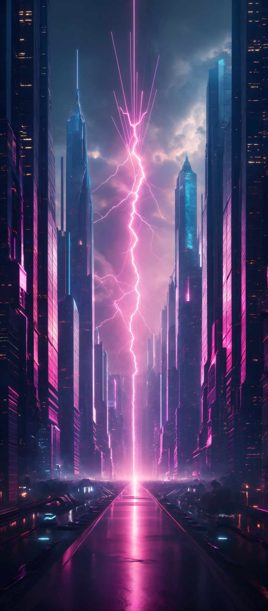 The image showcases a futuristic cityscape at night with tall skyscrapers illuminated by neon lights. The dominant colors are shades of purple, pink, and blue. A striking feature is a bright, pulsating lightning bolt that cuts vertically through the center of the image, reflecting off the water below. The city's buildings are sleek and modern, with reflective surfaces that mirror the vibrant colors of the sky. The overall ambiance is both electrifying and serene, with the calm water juxtaposed against the dynamic energy of the lightning and city lights.