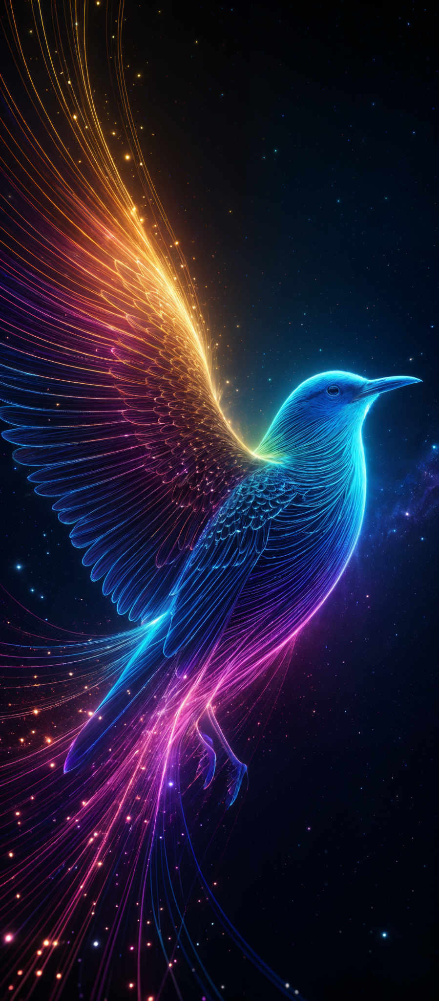 The image showcases a vibrant and intricate depiction of a bird, possibly a phoenix or a similar mythical creature. The bird is rendered in a neon-like glow, with its wings and body exhibiting a spectrum of colors including blue, purple, and orange. The feathers of the bird are detailed and appear to be made of shimmering, light-emitting lines. The background is a deep space setting with stars and a hint of a galaxy, adding to the ethereal and mystical ambiance of the image, suggesting that the bird might be a representation of rebirth or transformation in the vastness of the universe.