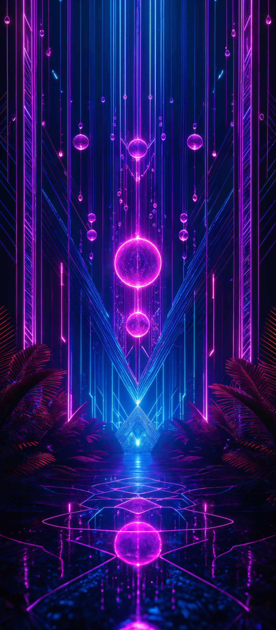 The image showcases a vibrant and neon-lit scene. The dominant colors are shades of purple, blue, and pink. The scene features multiple spherical objects suspended in the air, some of which are glowing in a pink hue. These spheres are connected by thin, neon lines, creating a network of pathways. The background consists of vertical and diagonal lines, possibly representing architectural structures or digital interfaces. The floor is reflective, mirroring the above scene, and is adorned with geometric patterns. The overall ambiance is futuristic and otherworldly.