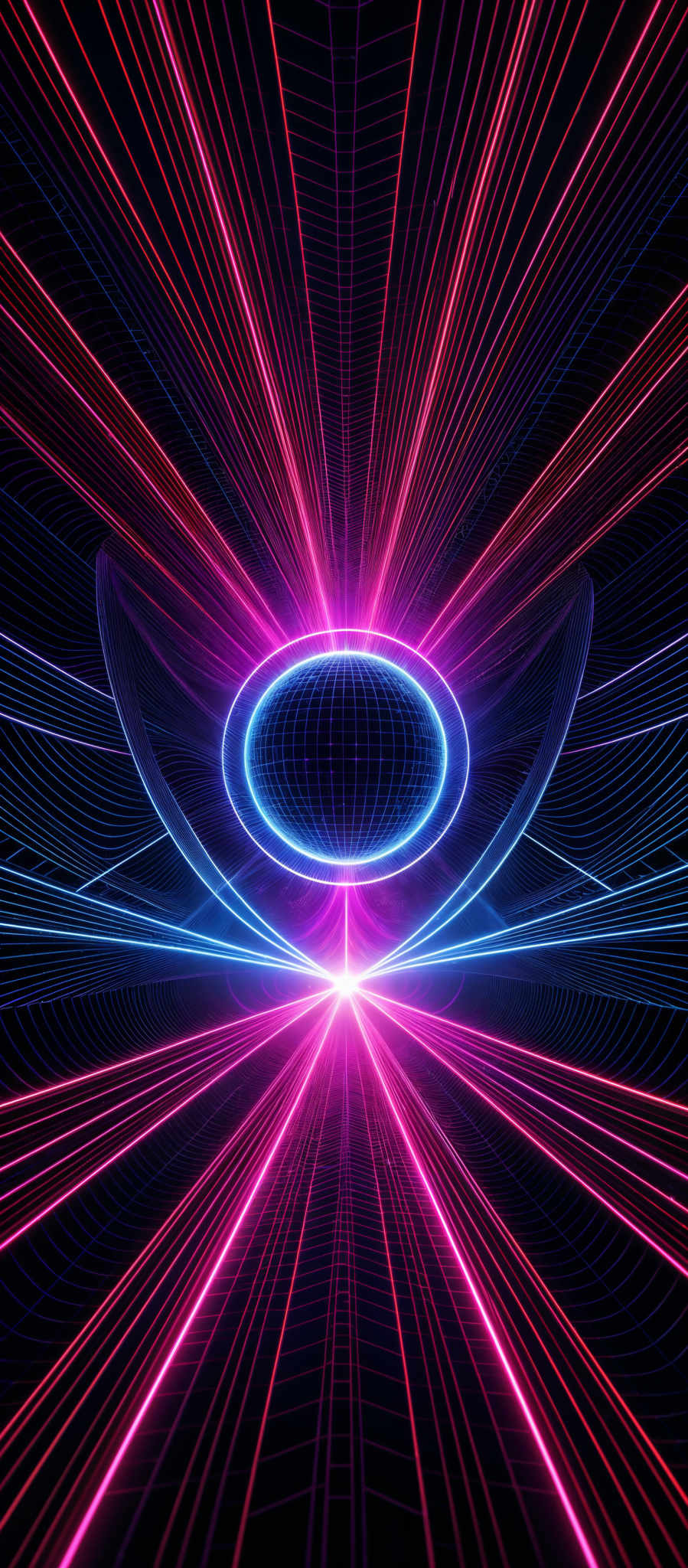 The image showcases a vibrant and dynamic digital artwork. It predominantly features neon colors, with hues of pink, blue, and purple. The central focus is a large, circular grid-like structure, emanating a glowing blue hue. This circle is surrounded by converging lines and patterns that radiate outwards, creating an illusion of depth and dimension. The overall design gives a sense of movement and energy, reminiscent of retro-futuristic aesthetics.