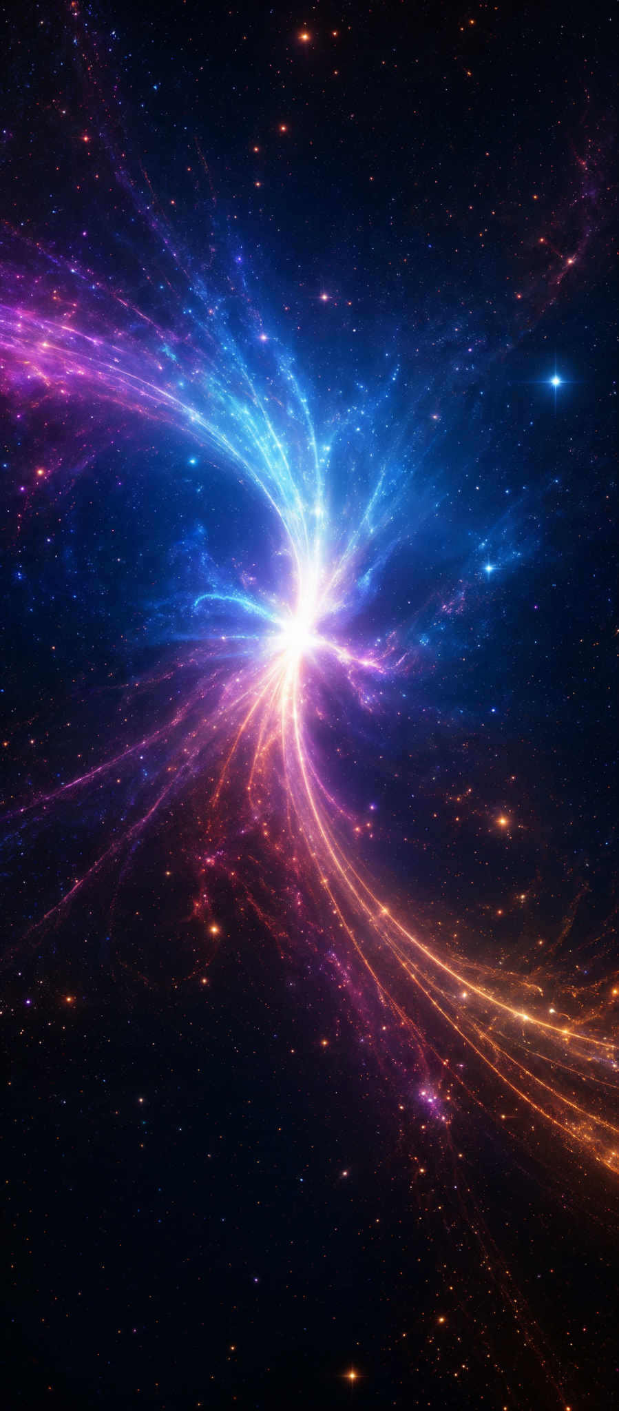 The image showcases a mesmerizing cosmic scene. It predominantly features a vibrant mix of colors, including deep blues, radiant purples, and fiery oranges and reds. The central region of the image is dominated by a bright, swirling vortex of light, emanating a powerful glow. This light source seems to be the focal point, drawing the viewer's attention. Surrounding this central vortex are intricate patterns of intertwined energy lines and tendrils, radiating outwards in all directions. These tendrills are illuminated in hues of blue, purple, and orange, creating a sense of movement and dynamism