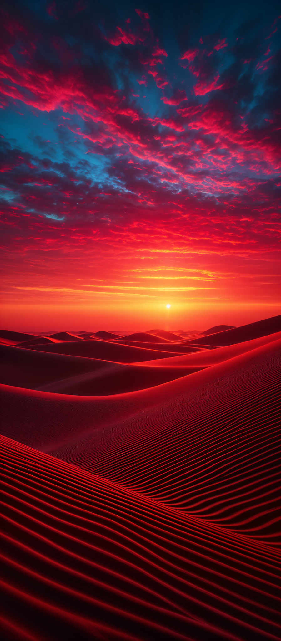 The image showcases a breathtaking landscape of a desert during sunset. The sky is painted with vibrant hues of red, orange, and blue, with the sun setting in the horizon. The clouds are scattered, reflecting the fiery colors of the sunset, creating a dramatic contrast. The desert below has undulating sand dunes with ripples, showcasing the play of light and shadow. The sun casts a golden glow on the dunes, highlighting their intricate patterns.