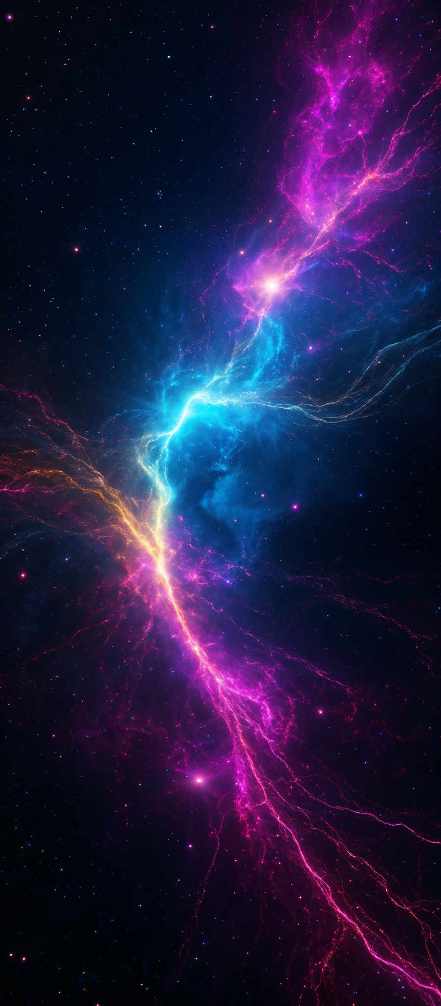 The image showcases a vibrant cosmic scene with a mix of deep blues, fiery reds, and bright yellows. The central area is dominated by a bright blue nebula, surrounded by swirling patterns of pink and red electric currents. These currents seem to intertwine and converge, creating an almost surreal interplay of light and energy. The background is dotted with numerous distant stars, adding depth and dimension to the scene.