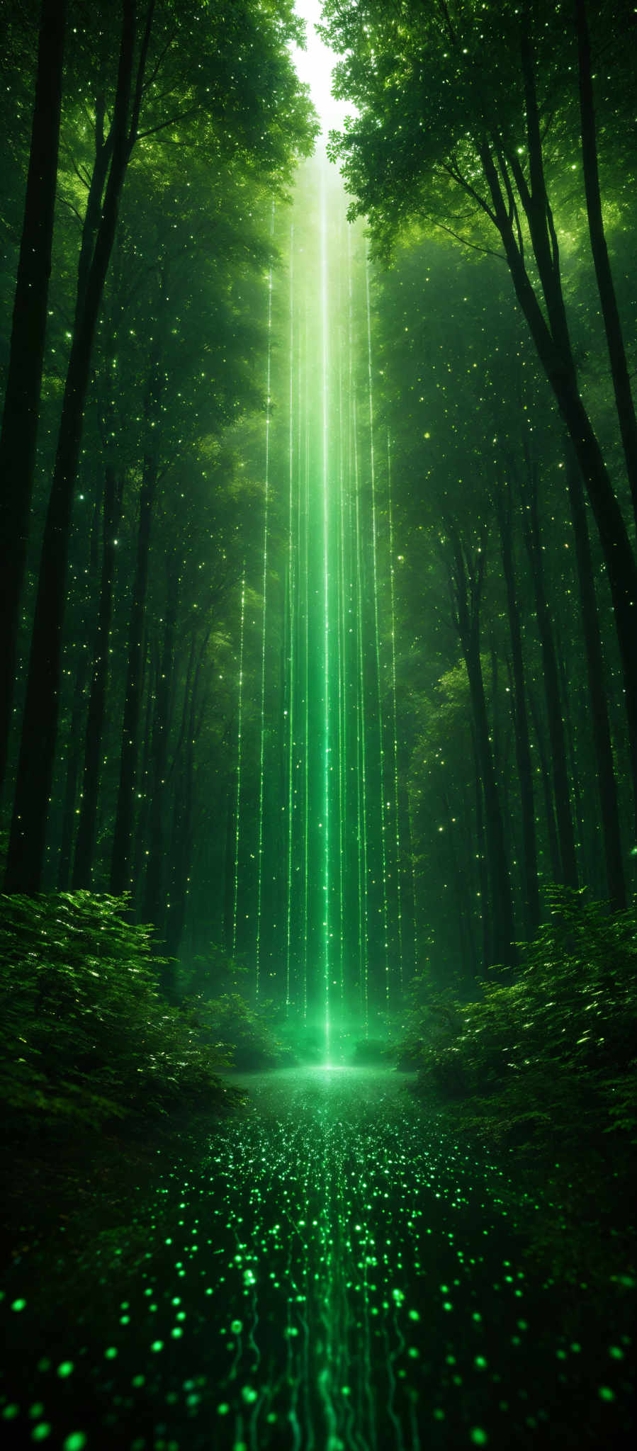 The image showcases a serene forest scene with tall, slender trees. The predominant colors are various shades of green, representing the foliage and the glowing beams of light. The ground is covered with lush green vegetation, and there's a reflective surface, possibly a river or a pond, that captures the glimmering light. Above, a vertical beam of light shines brightly, illuminating the forest and creating a magical ambiance.