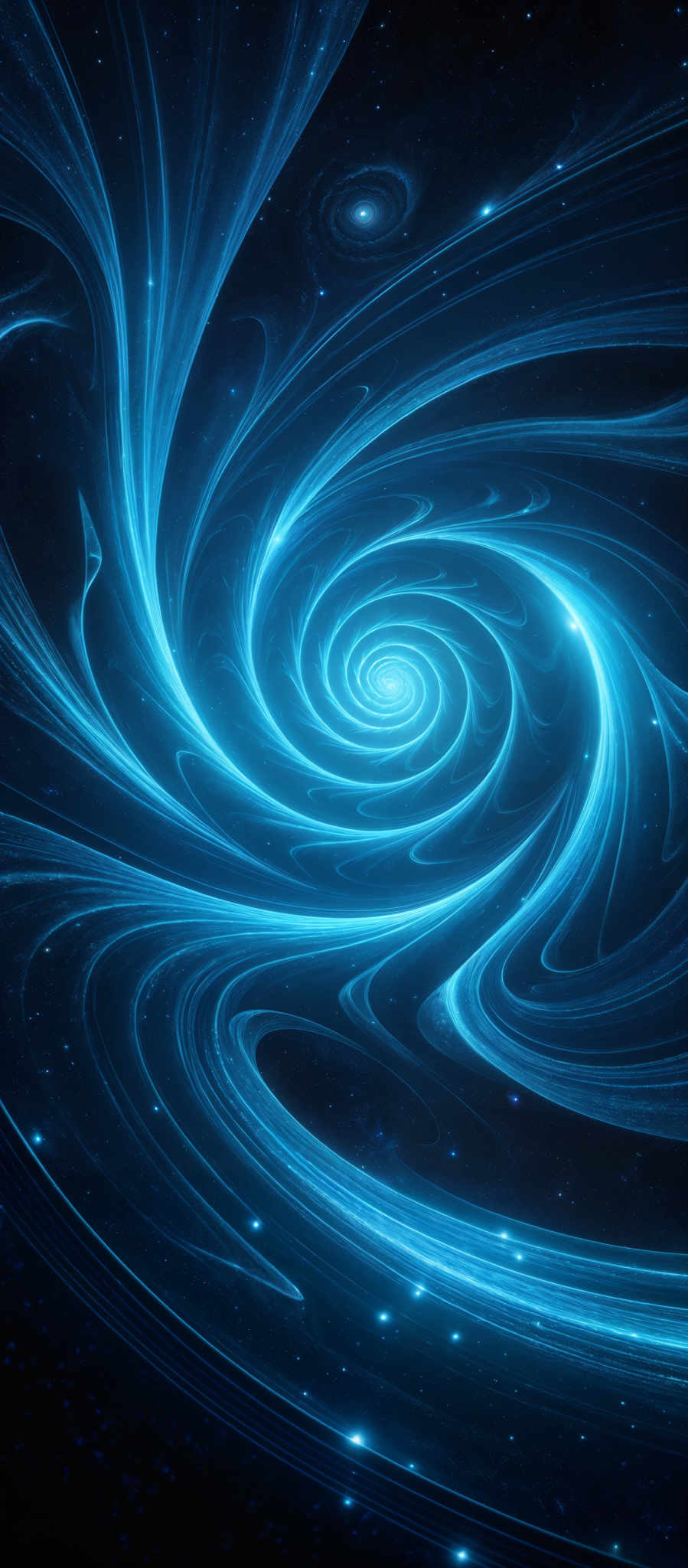 The image showcases a mesmerizing cosmic scene with swirling patterns of blue light. The dominant color is a deep shade of blue, which gives the image a cool and ethereal feel. The swirls are intricate and spiral outward, creating a sense of movement and dynamism. In the background, there are hints of dark space with scattered bright dots, possibly representing distant stars or galaxies.