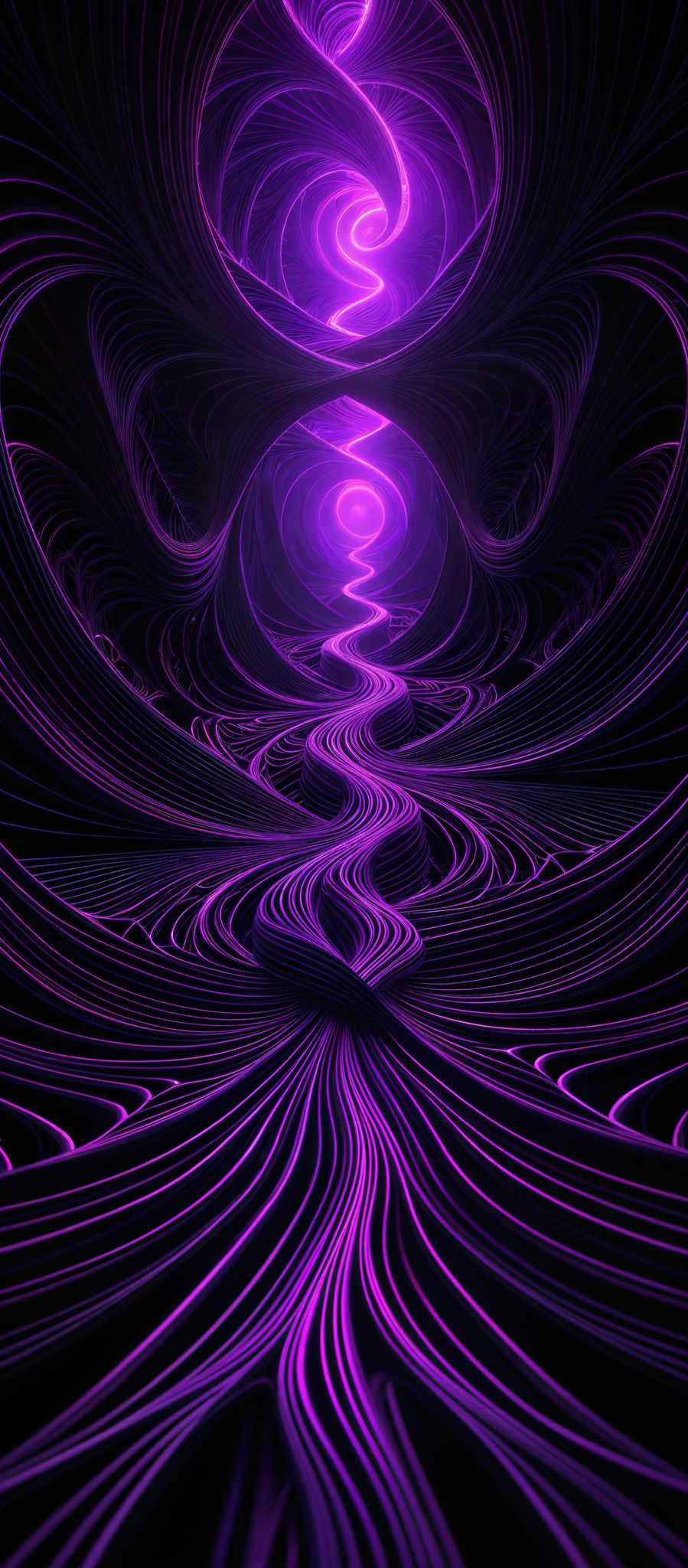 The image showcases a vibrant and intricate design with predominant shades of purple and black. It features swirling patterns that resemble abstract representations of energy or waves. The central part of the image has a bright, glowing purple spiral, which seems to be the focal point. The patterns are symmetrical and give an illusion of depth, making the viewer feel as if they are looking into a tunnel or a vortex.