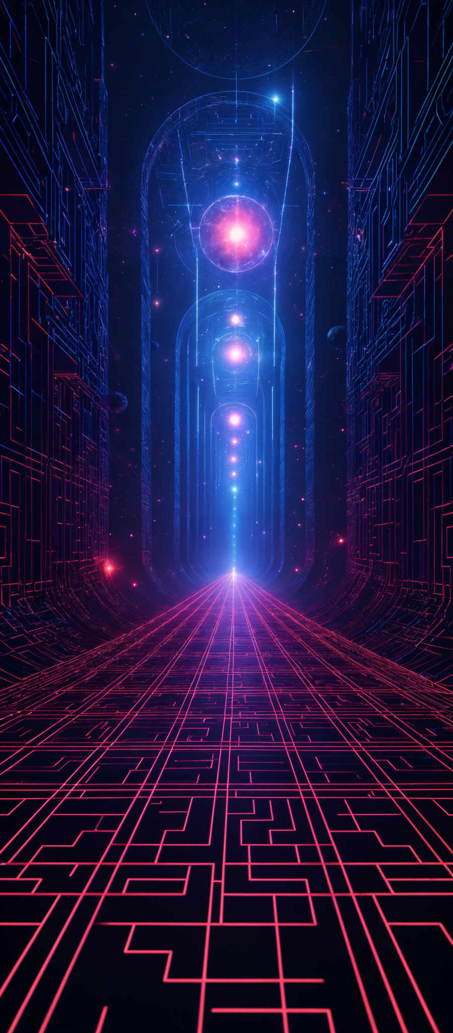 The image showcases a vibrant and futuristic scene. Dominated by hues of blue and red, it features a corridor or pathway that extends into the distance. The walls of this corridors are intricately designed with geometric patterns, reminiscent of a digital circuit or a maze. The floor is covered with a grid pattern, illuminated in a neon red hue. Above, there are multiple spherical objects emitting a bright light, possibly representing stars or other celestial bodies. The overall ambiance of the image is one of advanced technology, space exploration, and a sense of journeying into the unknown.