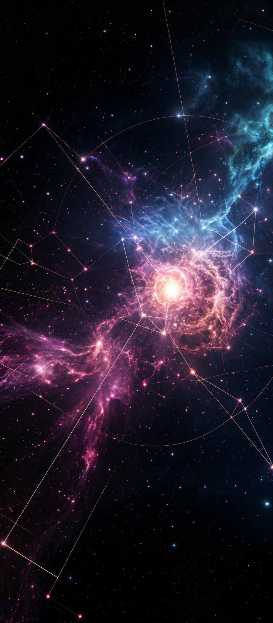 The image showcases a vibrant cosmic scene with a deep blue and purple backdrop, dotted with numerous stars. There's a central bright, glowing formation that appears to be a nebula or a star cluster. Golden lines crisscross the image, forming intricate patterns, possibly representing constellations or cosmic connections. The overall impression is one of a vast, mysterious universe filled with energy and beauty.