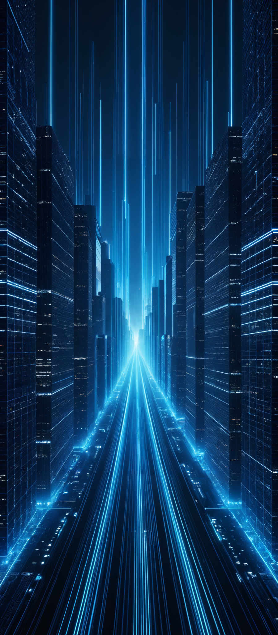 The image showcases a futuristic cityscape with tall, towering buildings made of what appears to be a metallic or glass material. These structures are densely packed, creating a vertical urban landscape. The color palette is dominated by deep blues and blacks, with bright streaks of light emanating from the top of the buildings, creating an illusion of a light source or perhaps a digital matrix. These light streaks are vibrant blue and white, contrasting sharply with the dark surroundings. The overall impression is one of a high-tech, advanced metropolis, possibly set in a cyberpunk or futurist universe.